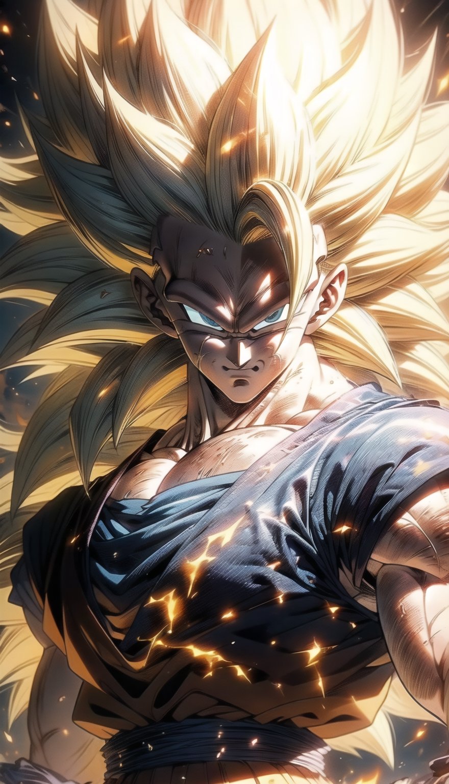 We can visualize the iconic character from the animated series Dragon Ball Z, Goku, in his super saiyan phase 3 transformation. (his extremely long, loose, yellow hair:1.9). (very very long hair:1.9). (without eyebrows, eyebrow alopecia:1.9). (total loss of eyebrow hair:1.9). blue eyes, with his characteristic orange suit. Flashes of light and electricity surround his entire body, a yellow glow. smiling, smug. His ki is immense and mystical. His look is wild. He is at the culmination of a great battle for the fate of planet Earth and you can see his wounded body. The image quality and details have to be worthy of one of the most famous characters in all of anime history and honor him as he deserves. which reflects the design style and details of the great Akira Toriyama. full body



PNG image format, sharp lines and borders, solid blocks of colors, over 300ppp dots per inch, 32k ultra high definition, 530MP, Fujifilm XT3, cinematographic, (anime:1.6), 4D, High definition RAW color professional photos, photo, masterpiece, realistic, ProRAW, realism, photorealism, high contrast, digital art trending on Artstation ultra high definition detailed realistic, detailed, skin texture, hyper detailed, realistic skin texture, facial features, armature, best quality, ultra high res, high resolution, detailed, raw photo, sharp re, lens rich colors hyper realistic lifelike texture dramatic lighting unrealengine trending, ultra sharp, pictorial technique, (sharpness, definition and photographic precision), (contrast, depth and harmonious light details), (features, proportions, colors and textures at their highest degree of realism), (blur background, clean and uncluttered visual aesthetics, sense of depth and dimension, professional and polished look of the image), work of beauty and complexity. perfectly symmetrical body.
(aesthetic + beautiful + harmonic:1.5), (ultra detailed face, ultra detailed perfect eyes, ultra detailed mouth, ultra detailed body, ultra detailed perfect hands, ultra detailed clothes, ultra detailed background, ultra detailed scenery:1.5),



detail_master_XL:0.9,SDXLanime:0.8,LineAniRedmondV2-Lineart-LineAniAF:0.8,EpicAnimeDreamscapeXL:0.8,ManimeSDXL:0.8,Midjourney_Style_Special_Edition_0001:0.8,animeoutlineV4_16:0.8,perfect_light_colors:0.8,SAIYA,Super saiyan 3