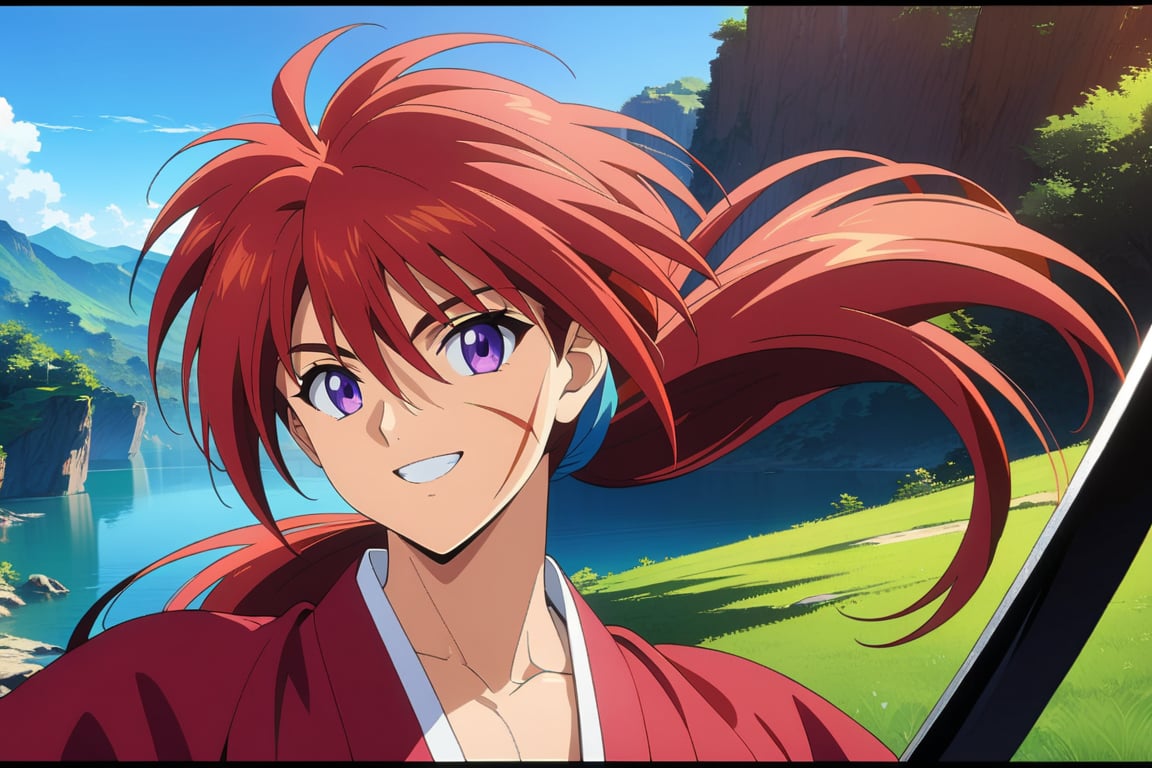 (masterpiece, best quality, ultra HD anime quality, super high resolution, 1980s/(style), retro, anatomically accurate, perfect anatomy), (Himura Kenshin), one boy, solo, (red hair, long hair, low ponytail, thick bangs between eyes, messy hair, purple eyes, highly detailed eyes, facial scar, smiling), highly detailed face, mouth slightly open, looking at camera, red kimono, katana, full body, wearing straw sandals, white hakama pants,





Perfect proportions, Strong brightness, intricate details, vibrant colors, detailed shadows, perfect borders,

PNG image format, sharp lines and borders, solid blocks of colors, over 300ppp dots per inch, (anime:1.9), 2D, High definition RAW color professional photos, photo, masterpiece, ProRAW, high contrast, digital art trending on Artstation ultra high definition detailed anime, detailed, hyper detailed, best quality, ultra high res, high resolution, detailed, sharp re, lens rich colors, ultra sharp, (sharpness, definition and photographic precision), (blur background, clean and uncluttered visual aesthetics, sense of depth and dimension, professional and polished look of the image), work of beauty and complexity. (aesthetic + beautiful + harmonic:1.5), (ultra detailed background, ultra detailed scenery, ultra detailed landscape:1.5),
fidelity and precision,
minute detail, clean image, exact image, polished shading, detailed shading, polychromatic tonal scale, wide tonal scale,Character