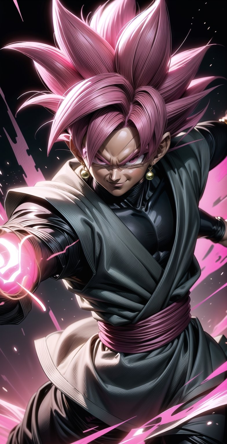 We can visualize the iconic character from the animated series Dragon Ball Super, Black Goku Rose, full power. (Pink hair: 1.9). Perfect pink eyes, with his characteristic black warrior outfit. Flashes of light and electricity colored_pink_and_light_violet surround his entire body, with an extremely cocky appearance, smiling laughter. His ki is immense and mystical in color_pink_and_light_violet. It is at the culmination of a great battle for the destruction of the earth. The image quality and details have to be worthy of one of the most famous villain characters in the entire history of this anime and honor him as he deserves. Which reflects the design style and details of the great Akira Toriyama. Full body: 1.8, front face, battlefield background.



(((Male:1.9))),



PNG image format, sharp lines and edges, solid color blocks, 300+ dpi dots per inch, 32k ultra high definition, 530 MP, Fujifilm XT3, cinematic (photorealistic: 1.6), 4D, professional color photos High Definition RAW, Photography, Masterpiece, Realistic, ProRAW, Realism, Photorealism, High Contrast, Digital Art Trending on Artstation Ultra High Definition Detailed Realistic, Detailed, Skin Texture, Hyper Detailed, Realistic Skin Texture, Facial Features , armor, best quality, ultra-high resolution, high resolution, detailed and raw photo, sharp resolution, rich lens colors, hyper-realistic realistic texture, dramatic lighting, unreal trends, ultra-sharp pictorial technique (sharpness, definition and photographic precision), (harmonious contrast, depth and light details), (features, proportions, colors and textures at their highest degree of realism), (blurred background, clean and uncluttered visual aesthetics, sense of depth and dimension, professional and polished appearance of the image), work of beauty and complexity. perfectly symmetrical body. (aesthetic + beautiful + harmonious: 1.5), (ultra detailed face, ultra detailed perfect eyes, ultra detailed mouth, ultra detailed body, ultra detailed perfect hands, ultra detailed clothes, ultra detailed background, ultra detailed landscape: 1.5), Detail_master_XL:0.9,SDXLanime:0.8,LineAniRedmondV2-Lineart-LineAniAF:0.8,EpicAnimeDreamscapeXL:0.8,ManimeSDXL:0.8,Midjourney_Style_Special_Edition_0001:0.8,animeoutlineV4_16:0.8,perfect_light_colors:0.8,SAIYA, Super Saiyan, ROSEV2,yuzu2:0.3,SAIYA_赛亚人:0.8