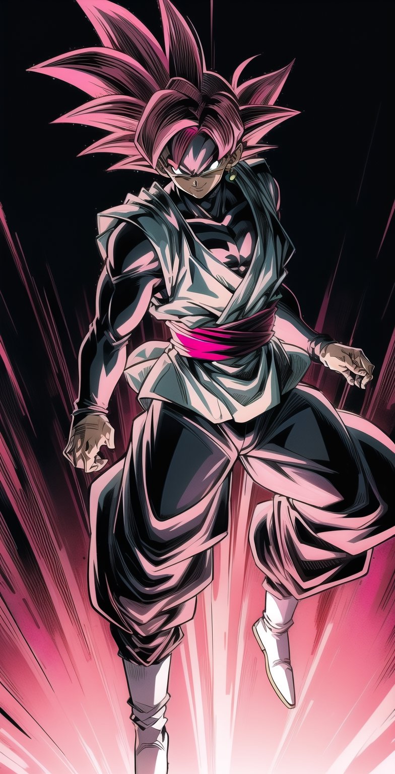 We can visualize the iconic character from the animated series Dragon Ball Super, Black Goku Rose, full power. (Pink hair: 1.9). Perfect pink eyes, with his characteristic black warrior outfit. Flashes of light and electricity colored_pink_and_light_violet surround his entire body, with an extremely cocky appearance, smiling laughter. His ki is immense and mystical in color_pink_and_light_violet. It is at the culmination of a great battle for the destruction of the earth. The image quality and details have to be worthy of one of the most famous villain characters in the entire history of this anime and honor him as he deserves. Which reflects the design style and details of the great Akira Toriyama. Full body: 1.8, front face, battlefield background.



(((Male:1.9))),



PNG image format, sharp lines and edges, solid color blocks, 300+ dpi dots per inch, 32k ultra high definition, 530 MP, Fujifilm XT3, cinematic (photorealistic: 1.6), 4D, professional color photos High Definition RAW, Photography, Masterpiece, Realistic, ProRAW, Realism, Photorealism, High Contrast, Digital Art Trending on Artstation Ultra High Definition Detailed Realistic, Detailed, Skin Texture, Hyper Detailed, Realistic Skin Texture, Facial Features , armor, best quality, ultra-high resolution, high resolution, detailed and raw photo, sharp resolution, rich lens colors, hyper-realistic realistic texture, dramatic lighting, unreal trends, ultra-sharp pictorial technique (sharpness, definition and photographic precision), (harmonious contrast, depth and light details), (features, proportions, colors and textures at their highest degree of realism), (blurred background, clean and uncluttered visual aesthetics, sense of depth and dimension, professional and polished appearance of the image), work of beauty and complexity. perfectly symmetrical body. (aesthetic + beautiful + harmonious: 1.5), (ultra detailed face, ultra detailed perfect eyes, ultra detailed mouth, ultra detailed body, ultra detailed perfect hands, ultra detailed clothes, ultra detailed background, ultra detailed landscape: 1.5), Detail_master_XL:0.9,SDXLanime:0.8,LineAniRedmondV2-Lineart-LineAniAF:0.8,EpicAnimeDreamscapeXL:0.8,ManimeSDXL:0.8,Midjourney_Style_Special_Edition_0001:0.8,animeoutlineV4_16:0.8,perfect_light_colors:0.8,SAIYA, Super Saiyan, ROSEV2,yuzu2:0.3,SAIYA_赛亚人:0.8