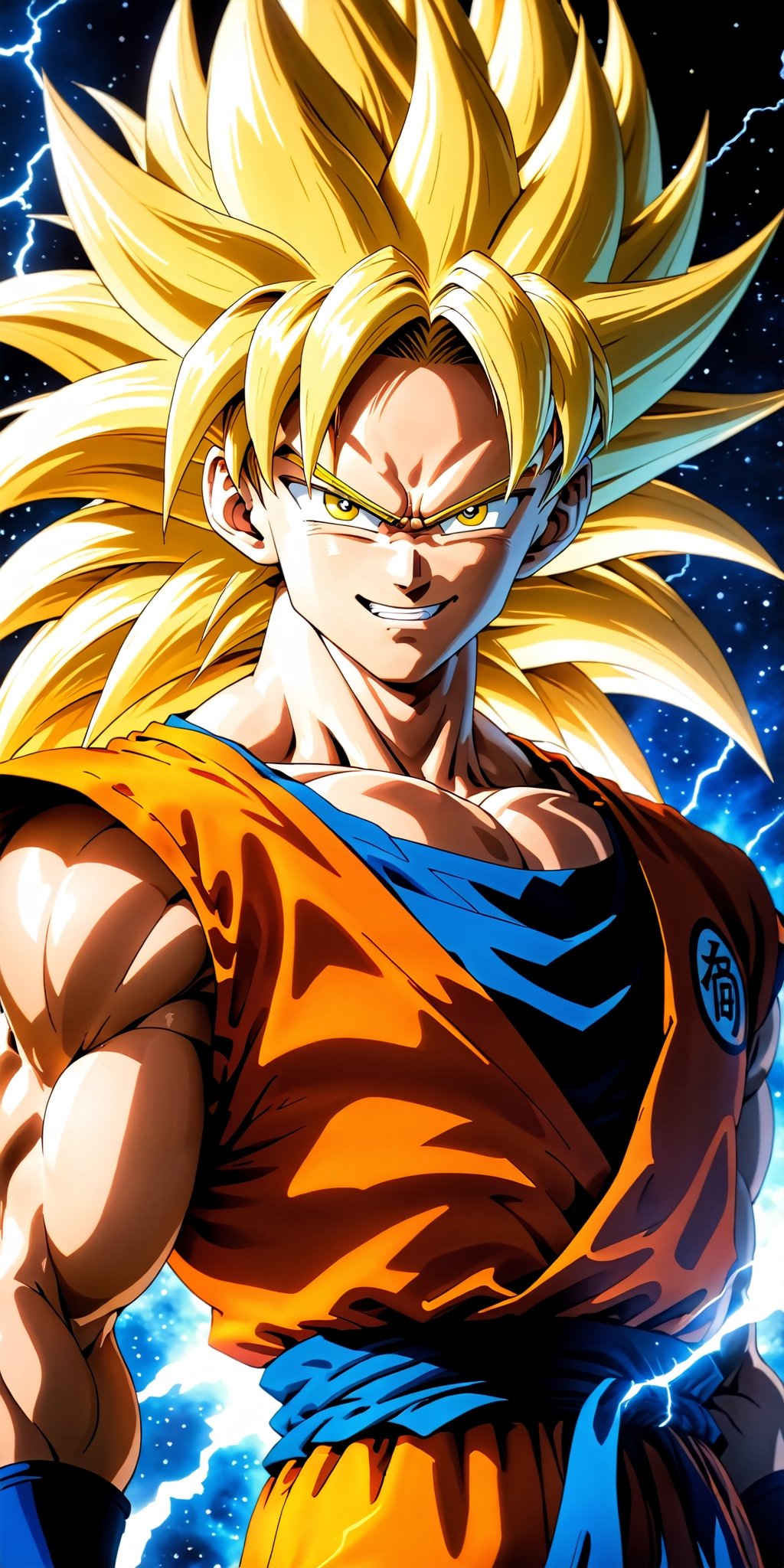 We can visualize the iconic character from the animated series Dragon Ball Z, Goku, in his super saiyan phase 3 transformation. (his extremely long, loose, yellow hair:1.9). (very very long hair:1.9). (without eyebrows, eyebrow alopecia:1.9). (total loss of eyebrow hair:1.9). blue eyes, with his characteristic orange suit. Flashes of light and electricity surround his entire body, a yellow glow. smiling, smug. His ki is immense and mystical. His look is wild. He is at the culmination of a great battle for the fate of planet Earth and you can see his wounded body. He is prepared to attack with one of his classic poses. The image quality and details have to be worthy of one of the most famous characters in all of anime history and honor him as he deserves. which reflects the design style and details of the great Akira Toriyama.


athletic body. perfect hands and arms. perfectly detailed, defined and symmetrical eyes. highly detailed skin, textured skin, definite body features, detailed shadows, narrow waist. incredible face detail.
pronounced forehead without eyebrows and enormous hair that reaches almost to the feet. wild and imposing appearance.

16k, masterpiece, best quality, 2D, Extremely detailed, voluminetric lighting, anime, cartoon


clothing,Zombie,lineart,Anime ,3d toon style,line anime,more detail XL,SDXLanime:0.8,LineAniRedmondV2-Lineart-LineAniAF:0.8,EpicAnimeDreamscapeXL:0.8,ManimeSDXL:0.8,Midjourney_Style_Special_Edition_0001:0.8,animeoutlineV4_16:0.8,perfect_light_colors:0.8,LineAniAF,CuteCartoonAF,Color,multicolor,anime style,anime,Movie Still