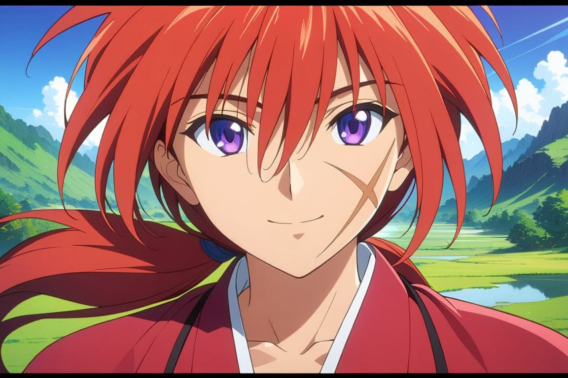 (masterpiece, best quality, ultra HD anime quality, super high resolution, 1980s/(style), retro, anatomically accurate, perfect anatomy), (Himura Kenshin), one boy, solo, (red hair, long hair, low ponytail, thick bangs between eyes, messy hair, purple eyes, highly detailed eyes, facial scar, smiling), highly detailed face, mouth slightly open, looking at camera, cowboy shot, red kimono, katana, 





Perfect proportions, Strong brightness, intricate details, vibrant colors, detailed shadows, perfect borders,

PNG image format, sharp lines and borders, solid blocks of colors, over 300ppp dots per inch, (anime:1.9), 2D, High definition RAW color professional photos, photo, masterpiece, ProRAW, high contrast, digital art trending on Artstation ultra high definition detailed anime, detailed, hyper detailed, best quality, ultra high res, high resolution, detailed, sharp re, lens rich colors, ultra sharp, (sharpness, definition and photographic precision), (blur background, clean and uncluttered visual aesthetics, sense of depth and dimension, professional and polished look of the image), work of beauty and complexity. (aesthetic + beautiful + harmonic:1.5), (ultra detailed background, ultra detailed scenery, ultra detailed landscape:1.5),
fidelity and precision,
minute detail, clean image, exact image, polished shading, detailed shading, polychromatic tonal scale, wide tonal scale,Character