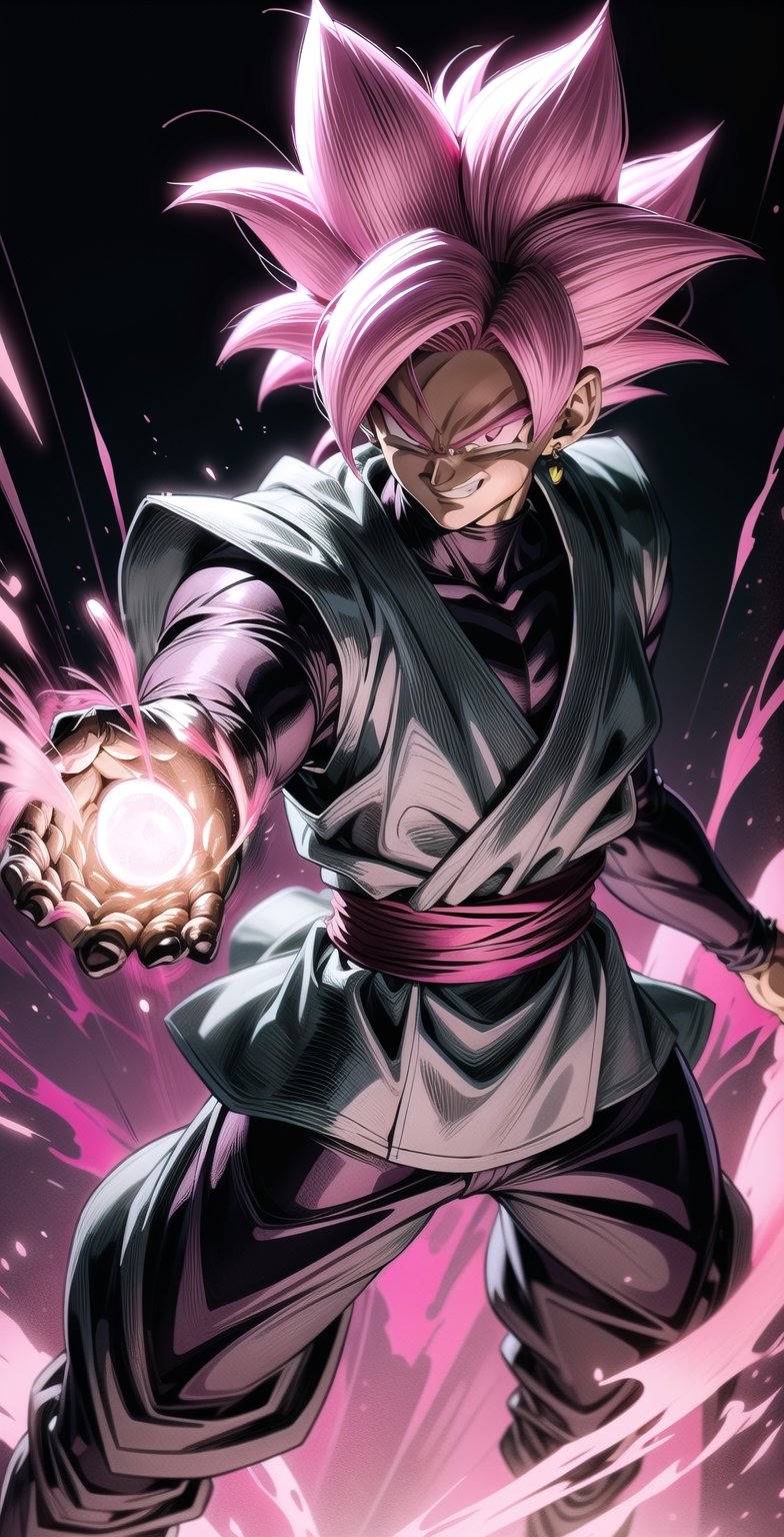 We can visualize the iconic character from the animated series Dragon Ball Super, Black Goku Rose, full power. (Pink hair: 1.9). Perfect pink eyes, with his characteristic black warrior outfit. Flashes of light and electricity colored_pink_and_light_violet surround his entire body, with an extremely cocky appearance, smiling laughter. His ki is immense and mystical in color_pink_and_light_violet. It is at the culmination of a great battle for the destruction of the earth. The image quality and details have to be worthy of one of the most famous villain characters in the entire history of this anime and honor him as he deserves. Which reflects the design style and details of the great Akira Toriyama. Full body: 1.8, front face, battlefield background.



(((Male:1.9))),



PNG image format, sharp lines and edges, solid color blocks, 300+ dpi dots per inch, 32k ultra high definition, 530 MP, Fujifilm XT3, cinematic (photorealistic: 1.6), 4D, professional color photos High Definition RAW, Photography, Masterpiece, Realistic, ProRAW, Realism, Photorealism, High Contrast, Digital Art Trending on Artstation Ultra High Definition Detailed Realistic, Detailed, Skin Texture, Hyper Detailed, Realistic Skin Texture, Facial Features , armor, best quality, ultra-high resolution, high resolution, detailed and raw photo, sharp resolution, rich lens colors, hyper-realistic realistic texture, dramatic lighting, unreal trends, ultra-sharp pictorial technique (sharpness, definition and photographic precision), (harmonious contrast, depth and light details), (features, proportions, colors and textures at their highest degree of realism), (blurred background, clean and uncluttered visual aesthetics, sense of depth and dimension, professional and polished appearance of the image), work of beauty and complexity. perfectly symmetrical body. (aesthetic + beautiful + harmonious: 1.5), (ultra detailed face, ultra detailed perfect eyes, ultra detailed mouth, ultra detailed body, ultra detailed perfect hands, ultra detailed clothes, ultra detailed background, ultra detailed landscape: 1.5), Detail_master_XL:0.9,SDXLanime:0.8,LineAniRedmondV2-Lineart-LineAniAF:0.8,EpicAnimeDreamscapeXL:0.8,ManimeSDXL:0.8,Midjourney_Style_Special_Edition_0001:0.8,animeoutlineV4_16:0.8,perfect_light_colors:0.8,SAIYA, Super Saiyan, ROSEV2,yuzu2:0.3,SAIYA_赛亚人:0.8