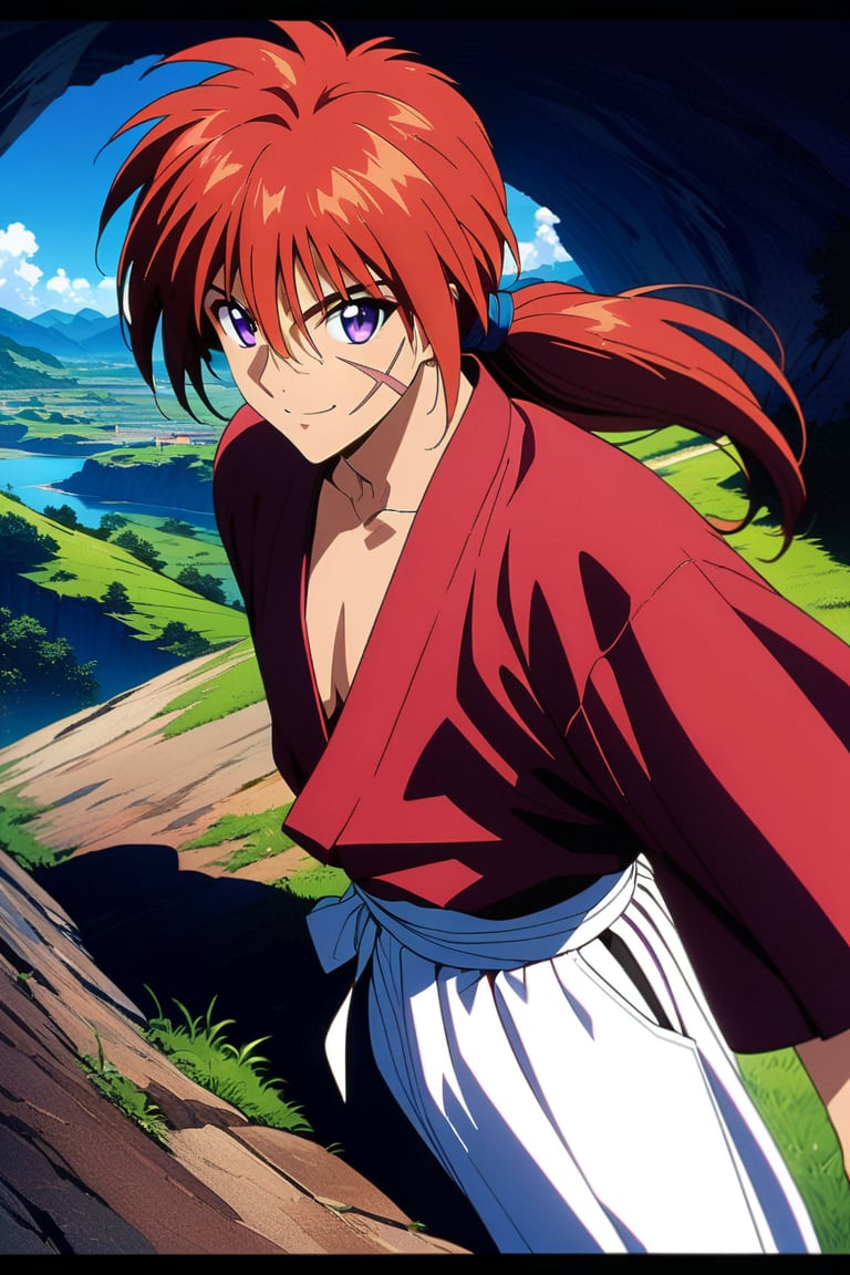 (masterpiece, best quality, ultra HD anime quality, super high resolution, 1980s/(style), retro, anatomically accurate, perfect anatomy), (Himura Kenshin), one boy, solo, (red hair, long hair, low ponytail, thick bangs between eyes, messy hair, purple eyes, highly detailed eyes, facial scar, smiling), highly detailed face, mouth slightly open, looking at camera, red kimono, katana, full body, wearing straw sandals, white hakama pants,





Perfect proportions, Strong brightness, intricate details, vibrant colors, detailed shadows, perfect borders,

PNG image format, sharp lines and borders, solid blocks of colors, over 300ppp dots per inch, (anime:1.9), 2D, High definition RAW color professional photos, photo, masterpiece, ProRAW, high contrast, digital art trending on Artstation ultra high definition detailed anime, detailed, hyper detailed, best quality, ultra high res, high resolution, detailed, sharp re, lens rich colors, ultra sharp, (sharpness, definition and photographic precision), (blur background, clean and uncluttered visual aesthetics, sense of depth and dimension, professional and polished look of the image), work of beauty and complexity. (aesthetic + beautiful + harmonic:1.5), (ultra detailed background, ultra detailed scenery, ultra detailed landscape:1.5),
fidelity and precision,
minute detail, clean image, exact image, polished shading, detailed shading, polychromatic tonal scale, wide tonal scale,Character