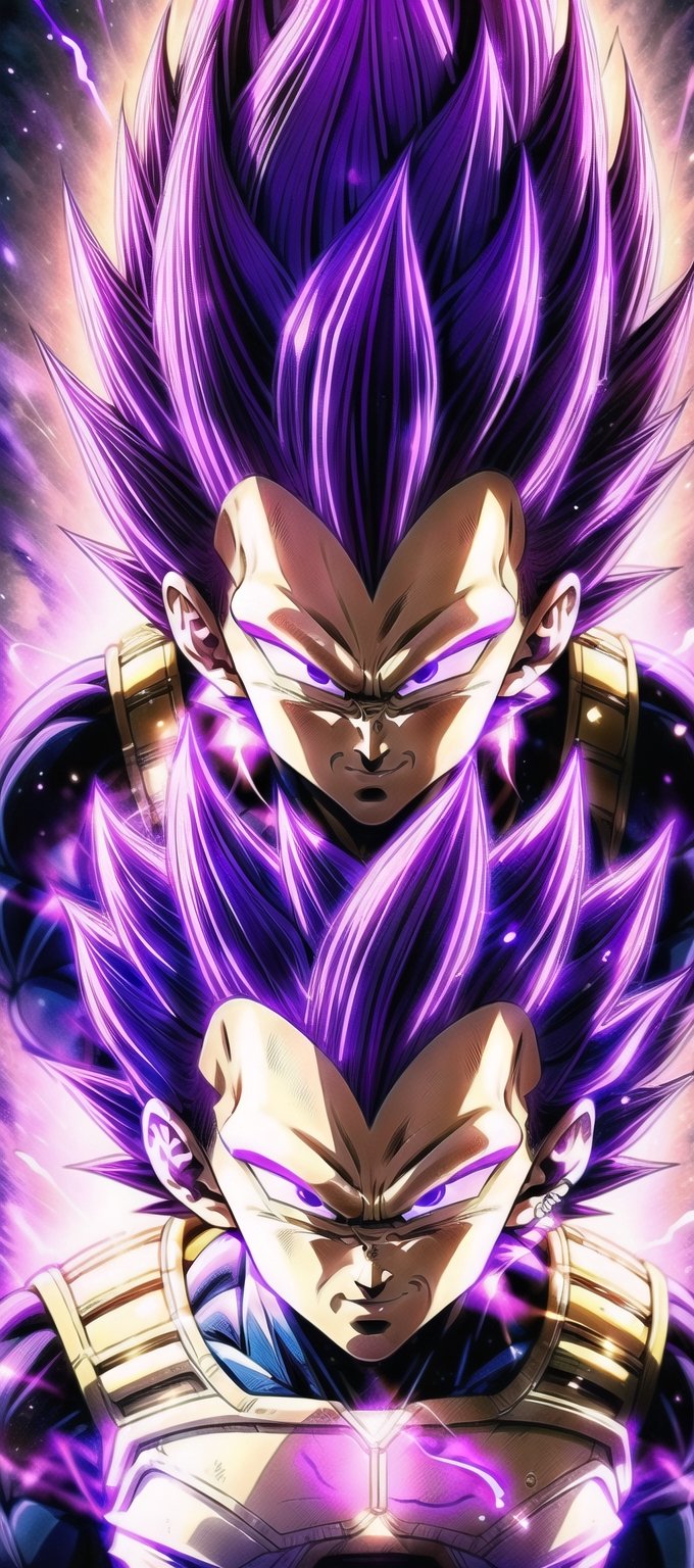 We can visualize the iconic character from the animated series Dragon Ball Z, Vegeta Ultra Ego, full power. (Violet hair:1.9). Perfect violet eyes, with his characteristic blue warrior suit. Flashes of light and electricity surround violet his entire body,  with an extremely aggressive appearance, smiling laugh. His ki is immense and mystical violet color. He is at the culmination of a great battle for the fate of universe 7. The image quality and details have to be worthy of one of the most famous characters in all of anime history and honor him as he deserves. which reflects the design style and details of the great Akira Toriyama. Full body:1.5, face front, battlefield background 



PNG image format, sharp lines and borders, solid blocks of colors, over 300ppp dots per inch, 32k ultra high definition, 530MP, Fujifilm XT3, cinematographic, (photorealistic:1.6), 4D, High definition RAW color professional photos, photo, masterpiece, realistic, ProRAW, realism, photorealism, high contrast, digital art trending on Artstation ultra high definition detailed realistic, detailed, skin texture, hyper detailed, realistic skin texture, facial features, armature, best quality, ultra high res, high resolution, detailed, raw photo, sharp re, lens rich colors hyper realistic lifelike texture dramatic lighting unrealengine trending, ultra sharp, pictorial technique, (sharpness, definition and photographic precision), (contrast, depth and harmonious light details), (features, proportions, colors and textures at their highest degree of realism), (blur background, clean and uncluttered visual aesthetics, sense of depth and dimension, professional and polished look of the image), work of beauty and complexity. perfectly symmetrical body.
(aesthetic + beautiful + harmonic:1.5), (ultra detailed face, ultra detailed perfect eyes, ultra detailed mouth, ultra detailed body, ultra detailed perfect hands, ultra detailed clothes, ultra detailed background, ultra detailed scenery:1.5),



detail_master_XL:0.9,SDXLanime:0.8,LineAniRedmondV2-Lineart-LineAniAF:0.8,EpicAnimeDreamscapeXL:0.8,ManimeSDXL:0.8,Midjourney_Style_Special_Edition_0001:0.8,animeoutlineV4_16:0.8,perfect_light_colors:0.8,SAIYA,yuzu2:0.3,super Saiyan,UE_vegeta