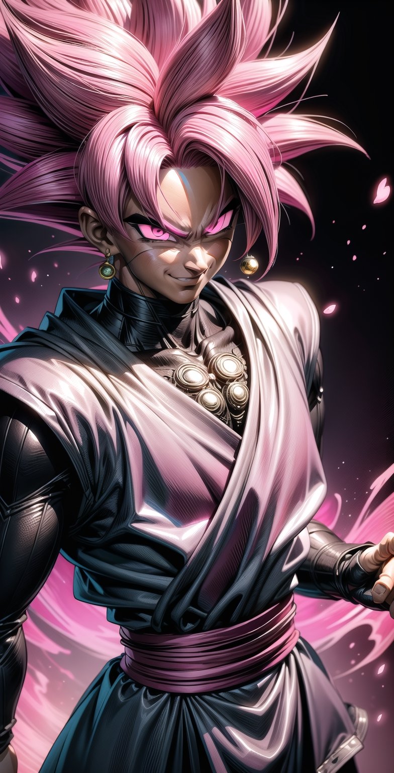 We can visualize the iconic character from the animated series Dragon Ball Super, Black Goku Rose, full power. (Pink hair: 1.9). Perfect pink eyes, with his characteristic black warrior outfit. Flashes of light and electricity colored_pink_and_light_violet surround his entire body, with an extremely cocky appearance, smiling laughter. His ki is immense and mystical in color_pink_and_light_violet. It is at the culmination of a great battle for the destruction of the earth. The image quality and details have to be worthy of one of the most famous villain characters in the entire history of this anime and honor him as he deserves. Which reflects the design style and details of the great Akira Toriyama. Full body: 1.8, front face, battlefield background.



(((Male:1.9))),



PNG image format, sharp lines and edges, solid color blocks, 300+ dpi dots per inch, 32k ultra high definition, 530 MP, Fujifilm XT3, cinematic (photorealistic: 1.6), 4D, professional color photos High Definition RAW, Photography, Masterpiece, Realistic, ProRAW, Realism, Photorealism, High Contrast, Digital Art Trending on Artstation Ultra High Definition Detailed Realistic, Detailed, Skin Texture, Hyper Detailed, Realistic Skin Texture, Facial Features , armor, best quality, ultra-high resolution, high resolution, detailed and raw photo, sharp resolution, rich lens colors, hyper-realistic realistic texture, dramatic lighting, unreal trends, ultra-sharp pictorial technique (sharpness, definition and photographic precision), (harmonious contrast, depth and light details), (features, proportions, colors and textures at their highest degree of realism), (blurred background, clean and uncluttered visual aesthetics, sense of depth and dimension, professional and polished appearance of the image), work of beauty and complexity. perfectly symmetrical body. (aesthetic + beautiful + harmonious: 1.5), (ultra detailed face, ultra detailed perfect eyes, ultra detailed mouth, ultra detailed body, ultra detailed perfect hands, ultra detailed clothes, ultra detailed background, ultra detailed landscape: 1.5), Detail_master_XL:0.9,SDXLanime:0.8,LineAniRedmondV2-Lineart-LineAniAF:0.8,EpicAnimeDreamscapeXL:0.8,ManimeSDXL:0.8,Midjourney_Style_Special_Edition_0001:0.8,animeoutlineV4_16:0.8,perfect_light_colors:0.8,SAIYA, Super Saiyan, ROSEV2,yuzu2:0.3,SAIYA_赛亚人:0.8