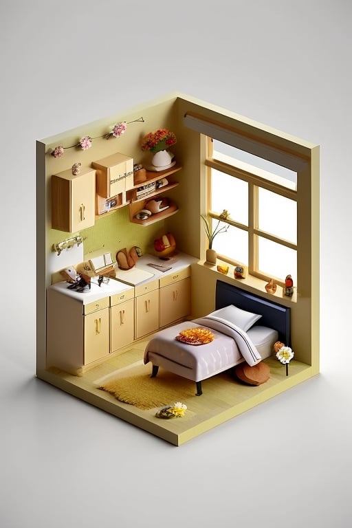 Masterpiece, desk, bed, window, flowers, boy, gas cooker,