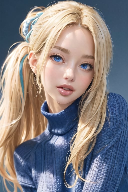 (masterpiece), photorealistic, (best quality), ultra detailed, (1 pretty woman), detailed beautiful shyly face, tilt own head, tounge out, disheveled up middle blonde hair, front hair up, detailed blue eyes, wearing sweater, (perfect anatomy), simple background, (view from side:0.5), looking at viewer. 