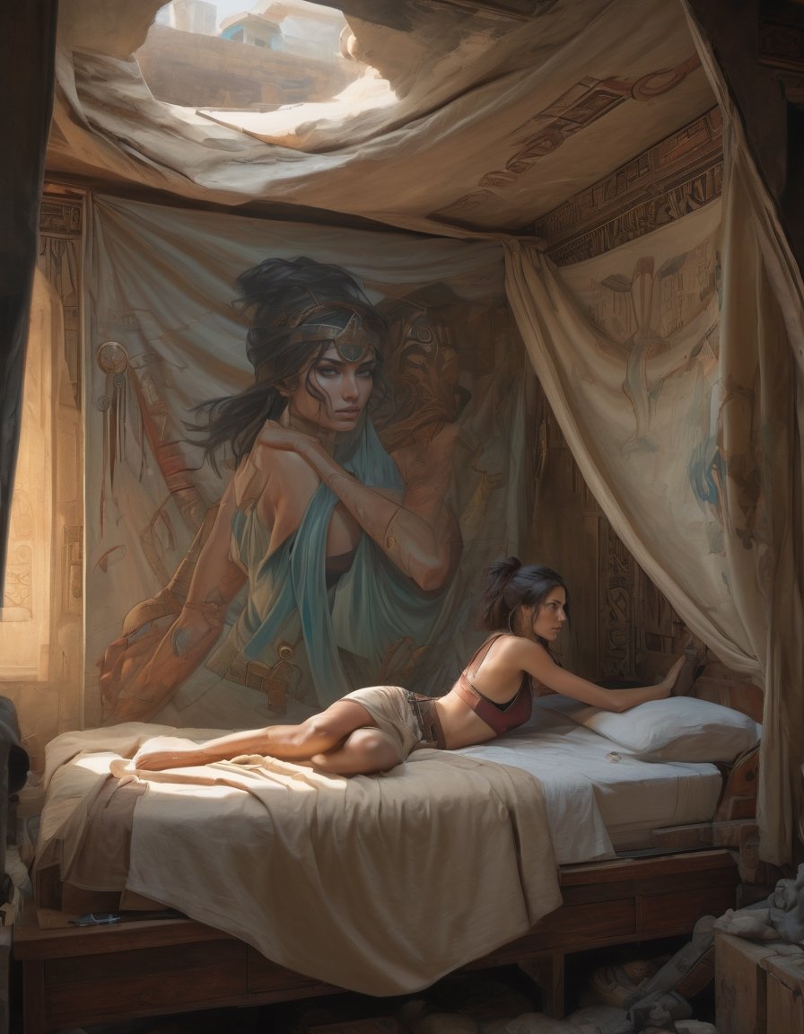 arafed woman in a bed with a curtain and a curtain, peter mohrbacher and takayuk, hieroglyphics, lower back of a beautiful, [ [ hyperrealistic ] ], egyptian, commission for, tomb raider beautiful, in an attic, akihiko yoshida”, by Rudy Siswanto, wrapped, unfinished, artgasm, description