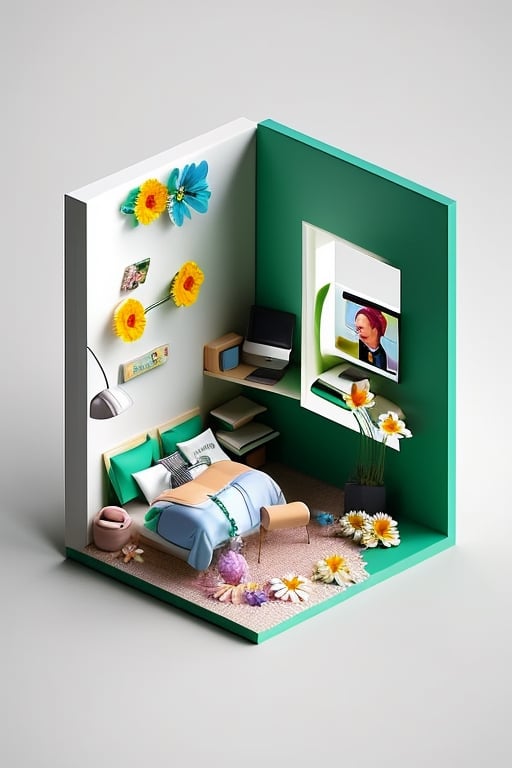 Masterpiece, desk, bed, window, flowers, boy, computer, phone, pot, clothes,