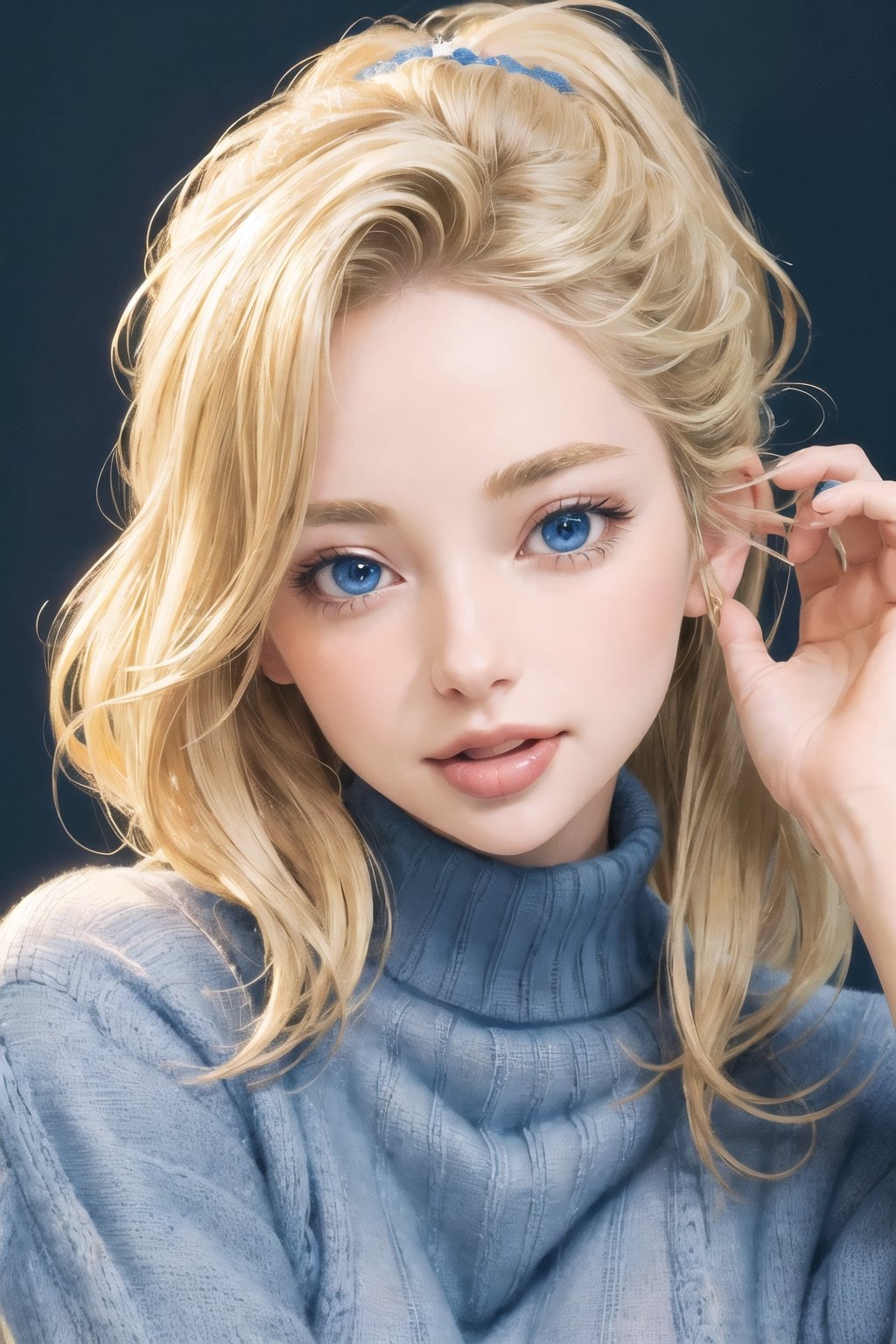 (masterpiece), photorealistic, (best quality), ultra detailed, (1 pretty woman), detailed beautiful shyly face, tilt own head, tounge out, disheveled up middle blonde hair, front hair up, detailed blue eyes, wearing sweater, (perfect anatomy), simple background, (view from side:0.5), looking at viewer. 