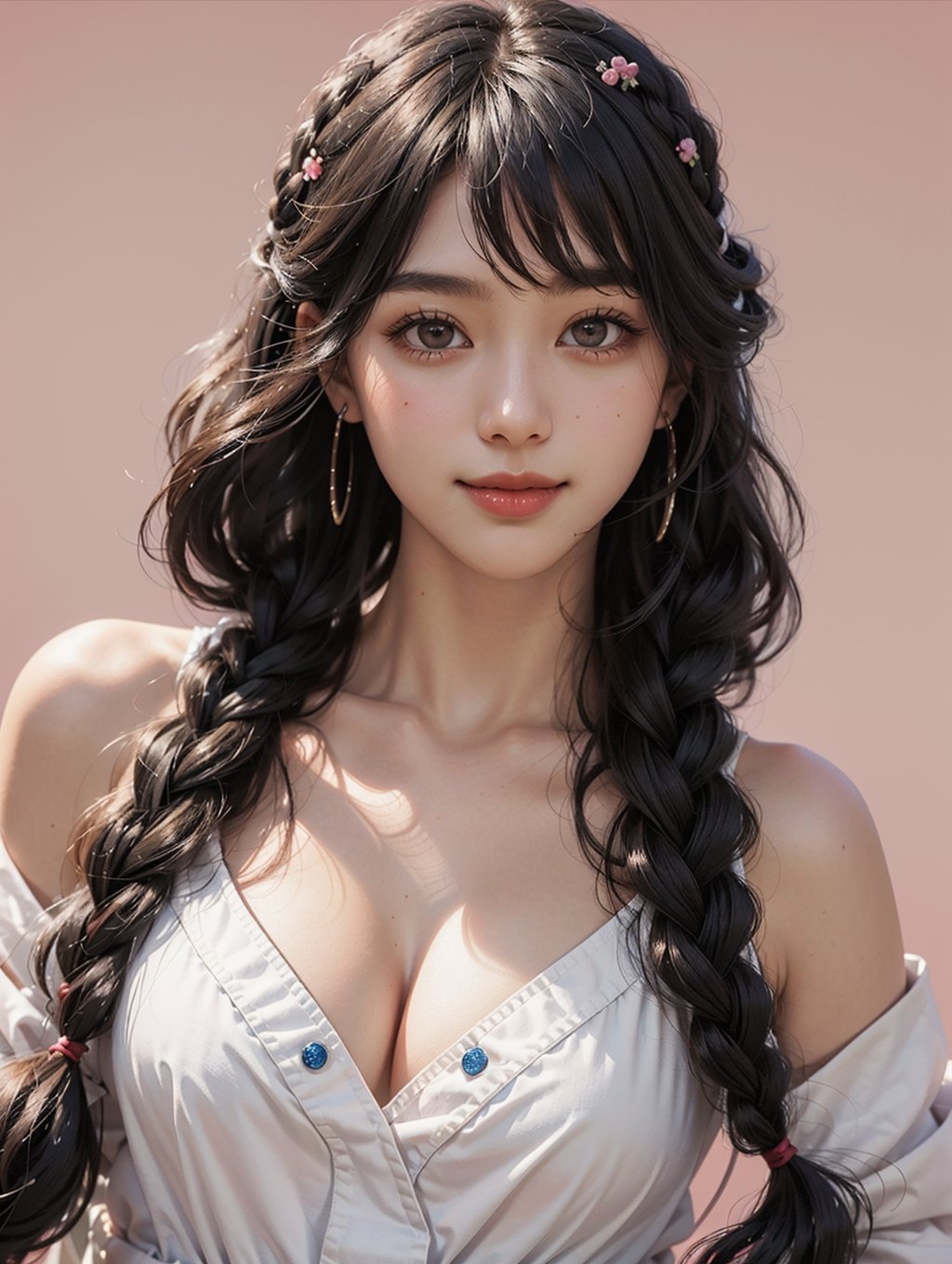 8k, ultra high resolution ,(best quality, masterpiece:1.2),(2 fried dough twists braids:1.1),(broad shoulders:1.4),1girl,solo,black_hair, long_hair, golden brown eyes,(best shadow),looking_at_viewer, large breasts,covered nipples,cleavage , (smile), ((asian teen)),( bokeh), (shiny skin), strong rim light, white_shirt button down, pleated_skirt, ( pink background), tied hair