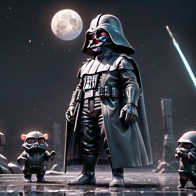 Create a stunning 3D composition that defies the boundaries of imagination. Envision two Darth Vaders confronting two fierce goblins in the depths of outer space, with a haunting full moon casting surreal shadows. Showcase the fusion of science fiction and fantasy with precision and creativity.