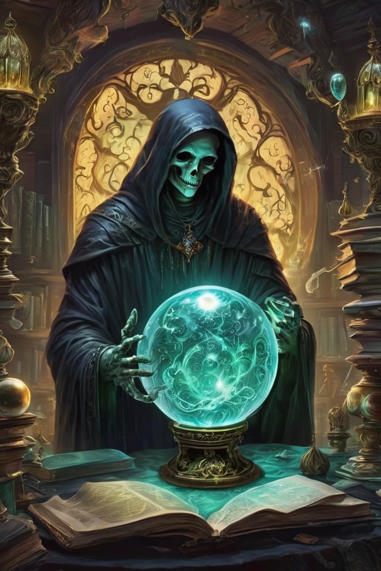 A crystal ball reveals an otherworldly study session,  where a ghoul furiously scribbles away at spectral tomes,  surround...