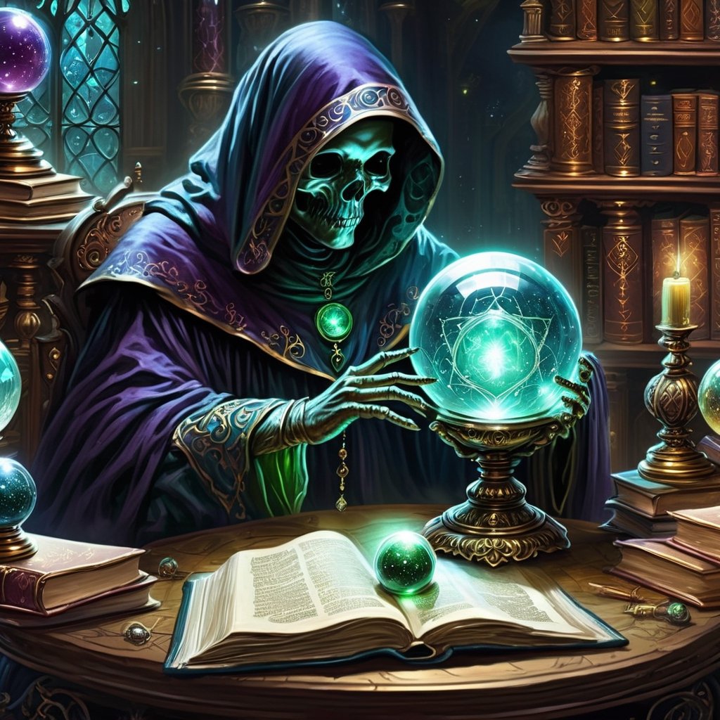 A crystal ball reveals an otherworldly study session,  where a ((ghoul)) furiously scribbles away at spectral tomes,  surr...