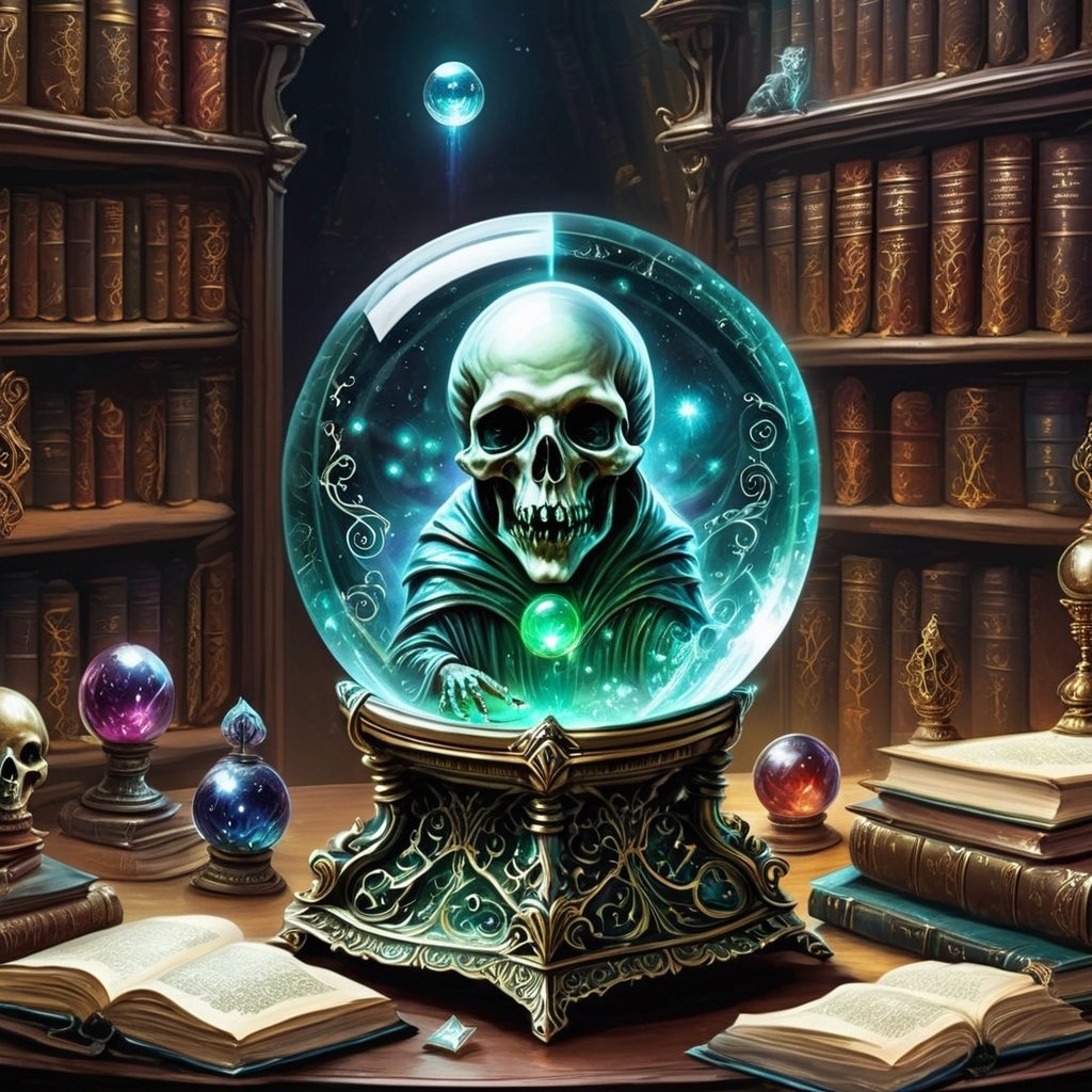 A crystal ball reveals an otherworldly study session,  where a ((ghoul)) furiously scribbles away at spectral tomes,  surr...