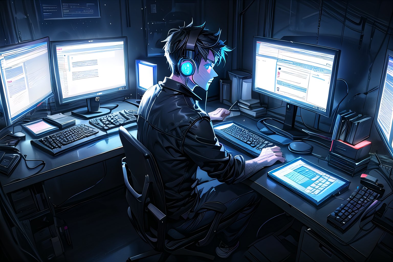 a young programmer sitting in front of a laptop,  proper monitor screen,  nice and beautiful keyboard with backlights by E...
