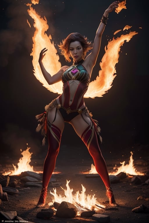 Masterpiece Quality, Fiery Essence: Pyra, with her Native American roots, is depicted in a powerful stance, flames dancing around her form. Her costume blends traditional patterns with modern, fire-resistant materials, and is highlighted with tones of ember red and sunset orange, symbolizing her pyrokinetic prowess.