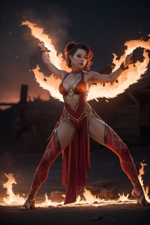 Masterpiece Quality, Fiery Essence: Pyra, with her Native American roots, is depicted in a powerful stance, flames dancing around her form. Her costume blends traditional patterns with modern, fire-resistant materials, and is highlighted with tones of ember red and sunset orange, symbolizing her pyrokinetic prowess.