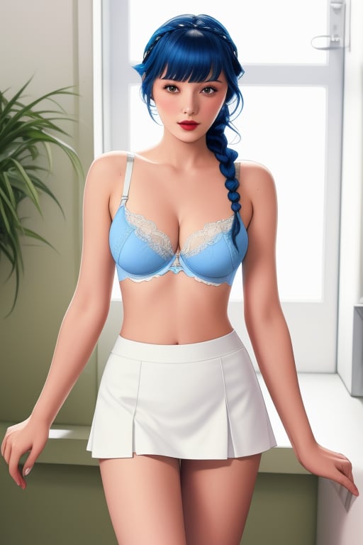 flapper blue bra and short skirt white underwear showing showing long hair braided. 
 