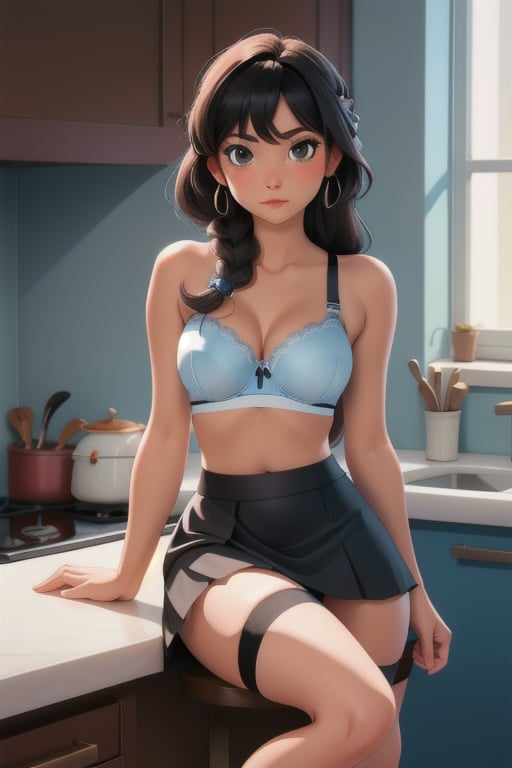 sitting on a kitchen counter 
half black 
 and asian girl blue bra, Black Thigh High Stockings,  black  skirt, white panties, , sitting down , long hair braidedtop of head flowing down. 
 ,photorealistic