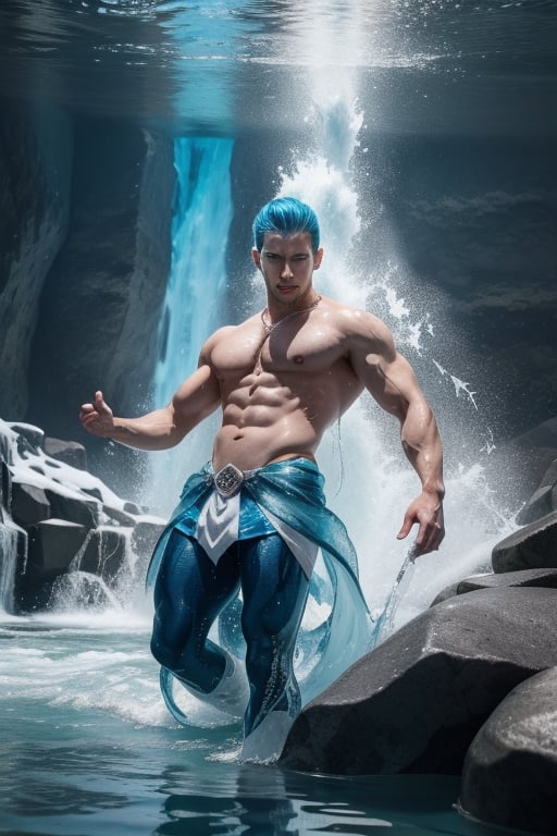 **Masterpiece Quality, Aquatic Agility**: Aquarift, with his Icelandic lineage, is depicted amidst a cascade of water, shaping it effortlessly around him. His attire is a sleek ensemble that mirrors the hues of glacial waters and deep-sea mysteries, with icy blues and whites that celebrate his hydrokinetic abilities.