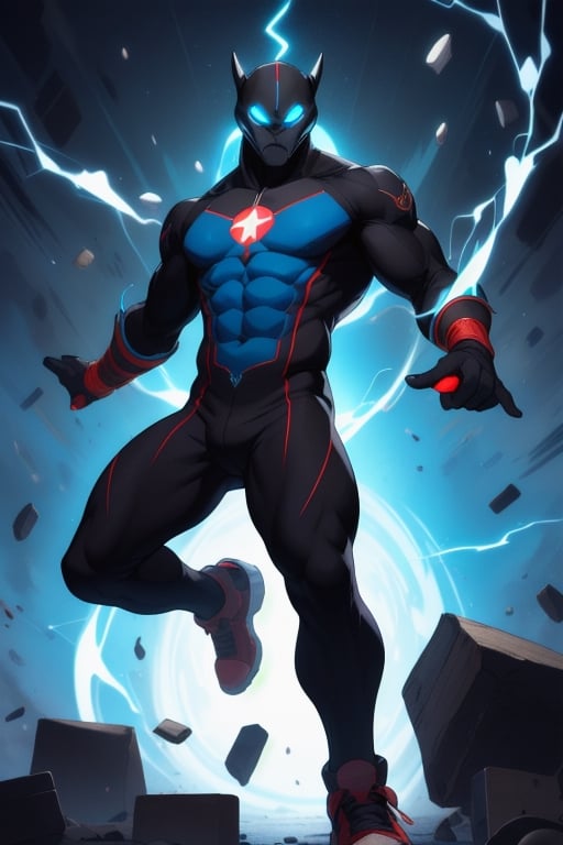 Masterpiece Quality, Telekinetic Force: PsiMover, with his North African heritage, stands amidst a swirl of levitating debris, his eyes focused with intense concentration. His costume, practical and reinforced, wears the symbol of an atom, the core of his telekinetic powers. The colors are a bold contrast of jet blacks and electric blues, highlighting the energy he commands.
