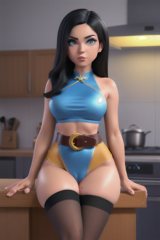 sitting on a kitchen counter african American asian woman, blue cheongsam, blue bra,
, Thigh High black Stockings black, black skirt, garder belt ,sitting down, long hair flowing down. ,photorealistic, wide hip, midriff, narrow waist, curvy waist, fit:1.2)), ((slim, skinny waist:1.3)), modern hairstyle, colour streaked hair, highlights, ((sweaty)), ((sexy poses:1.3)), ((wide hips)), ((huge pelvic)), masterpiece, best quality, realistic, ultra highres, depth of field, (hard dual colour lighting:1.4), (detailed face:1.2), (detailed eyes:1.2), (detailed background), (masterpiece:1.2), (ultra detailed), (best quality), intricate, comprehensive cinematic, magical photography, (gradients), colorful, detailed landscape, visual key, shiny skin, (nsfw:1.2)