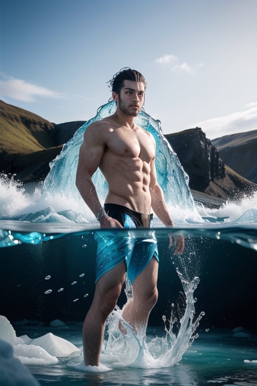 **Masterpiece Quality, Aquatic Agility**: Aquarift, with his Icelandic lineage, is depicted amidst a cascade of water, shaping it effortlessly around him. His attire is a sleek ensemble that mirrors the hues of glacial waters and deep-sea mysteries, with icy blues and whites that celebrate his hydrokinetic abilities.