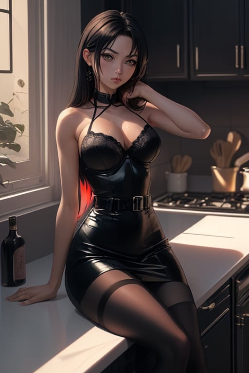 sitting on a kitchen counter african American asian woman, blue cheongsam, blue bra,
, Thigh High black Stockings black, black skirt, garder belt ,sitting down, long hair flowing down. ,photorealistic, wide hip, midriff, narrow waist, curvy waist, fit:1.2)), ((slim, skinny waist:1.3)), modern hairstyle, colour streaked hair, highlights, ((sweaty)), ((sexy poses:1.3)), ((wide hips)), ((huge pelvic)), masterpiece, best quality, realistic, ultra highres, depth of field, (hard dual colour lighting:1.4), (detailed face:1.2), (detailed eyes:1.2), (detailed background), (masterpiece:1.2), (ultra detailed), (best quality), intricate, comprehensive cinematic, magical photography, (gradients), colorful, detailed landscape, visual key, shiny skin, (nsfw:1.2),LuxuriousWheelsCostume,,Kitami Reika,FionaWaifu,1GIRL RIAS_GREMORY,Sadako