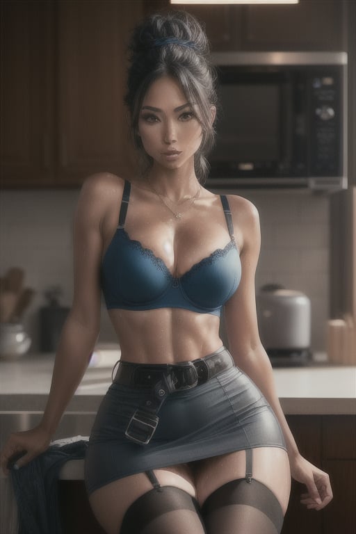 sitting on a kitchen counter african American asian woman, blue cheongsam, blue bra,
, Thigh High black Stockings black, black skirt, garder belt ,sitting down, long hair flowing down. ,photorealistic, wide hip, midriff, narrow waist, curvy waist, fit:1.2)), ((slim, skinny waist:1.3)), modern hairstyle, colour streaked hair, highlights, ((sweaty)), ((sexy poses:1.3)), ((wide hips)), ((huge pelvic)), masterpiece, best quality, realistic, ultra highres, depth of field, (hard dual colour lighting:1.4), (detailed face:1.2), (detailed eyes:1.2), (detailed background), (masterpiece:1.2), (ultra detailed), (best quality), intricate, comprehensive cinematic, magical photography, (gradients), colorful, detailed landscape, visual key, shiny skin, (nsfw:1.2)