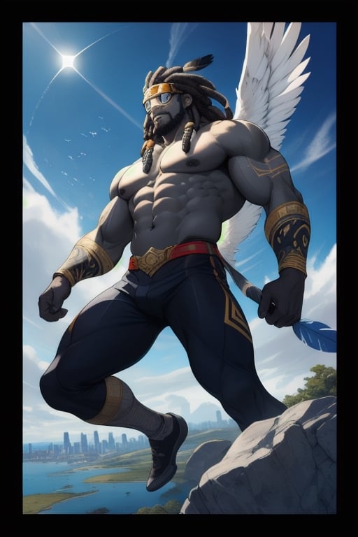 Masterpiece Quality, Skybound Majesty: Ascendant, an African-Asian hero, soars above the city skyline, his muscular form streamlined within a sleek suit adorned with eagle feather motifs. His face, framed by wind-swept dreadlocks and sharp goggles, exudes strong features etched with serene confidence. The artwork comes alive with a palette of deep blues and reflective silvers, illustrating his mastery of the skies.
