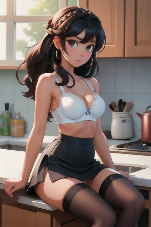 sitting on a kitchen counter 
half black 
 and asian girl blue bra, Black Thigh High Stockings,  black  skirt, white panties, , sitting down , long hair braidedtop of head flowing down. 
 ,photorealistic