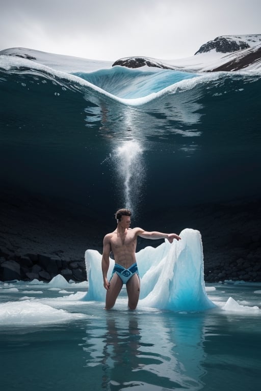 **Masterpiece Quality, Aquatic Agility**: Aquarift, with his Icelandic lineage, is depicted amidst a cascade of water, shaping it effortlessly around him. His attire is a sleek ensemble that mirrors the hues of glacial waters and deep-sea mysteries, with icy blues and whites that celebrate his hydrokinetic abilities.