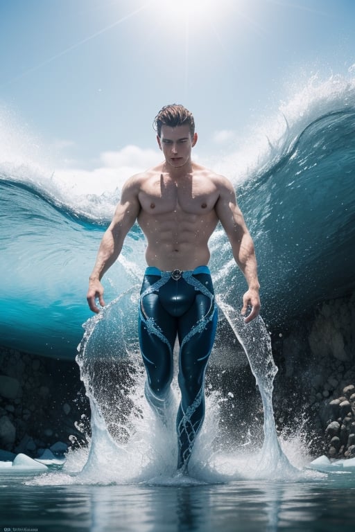 **Masterpiece Quality, Aquatic Agility**: Aquarift, with his Icelandic lineage, is depicted amidst a cascade of water, shaping it effortlessly around him. His attire is a sleek ensemble that mirrors the hues of glacial waters and deep-sea mysteries, with icy blues and whites that celebrate his hydrokinetic abilities.