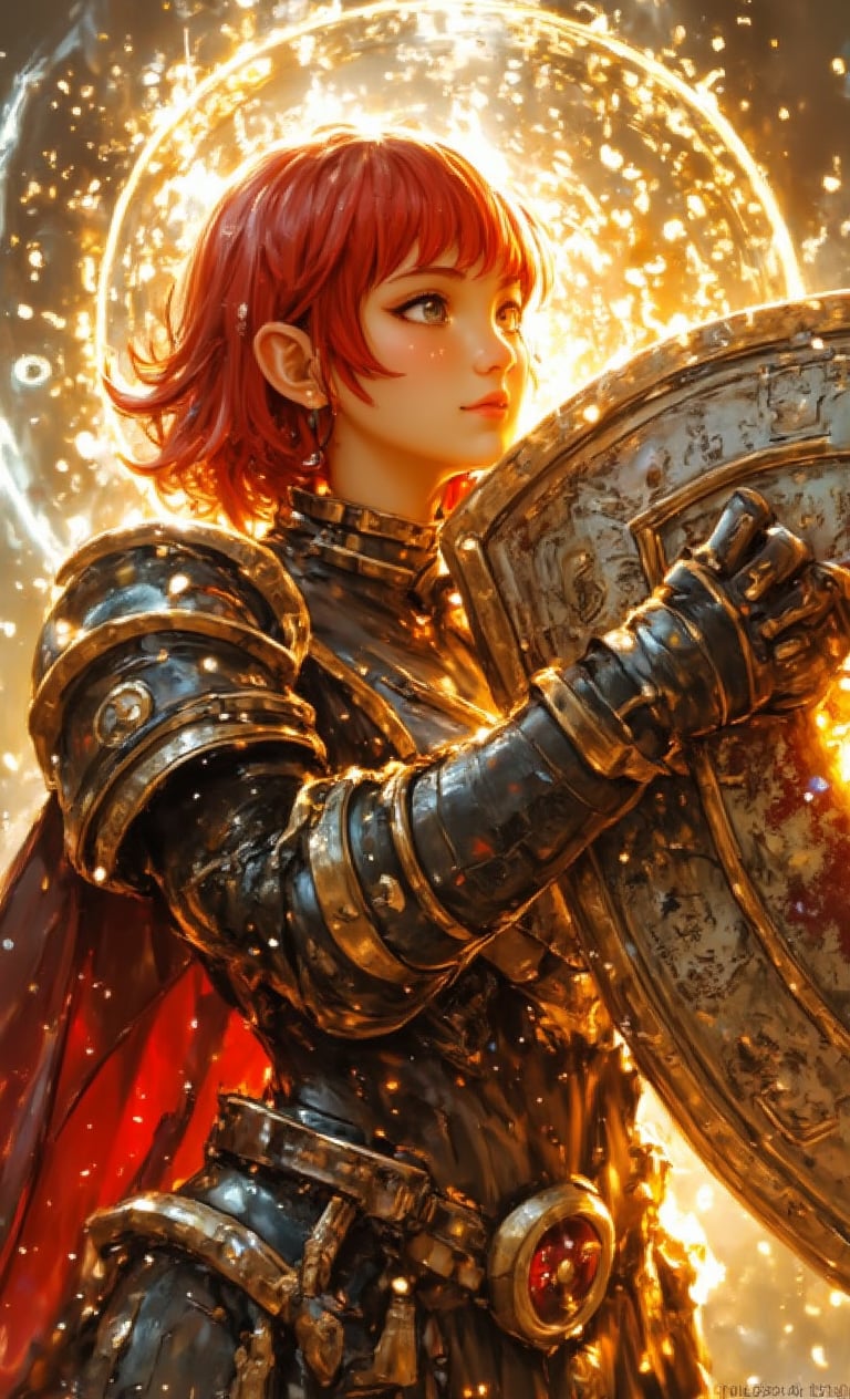 Hairstyle: Bob cut, Hair color: Bright red
 Composition: A scene where he holds up a large shield and protects his friends.
 Lens effect: close up, emphasizing strength.
  Effect: A barrier of light emanates from the shield and surrounds you. ,fantasy girl