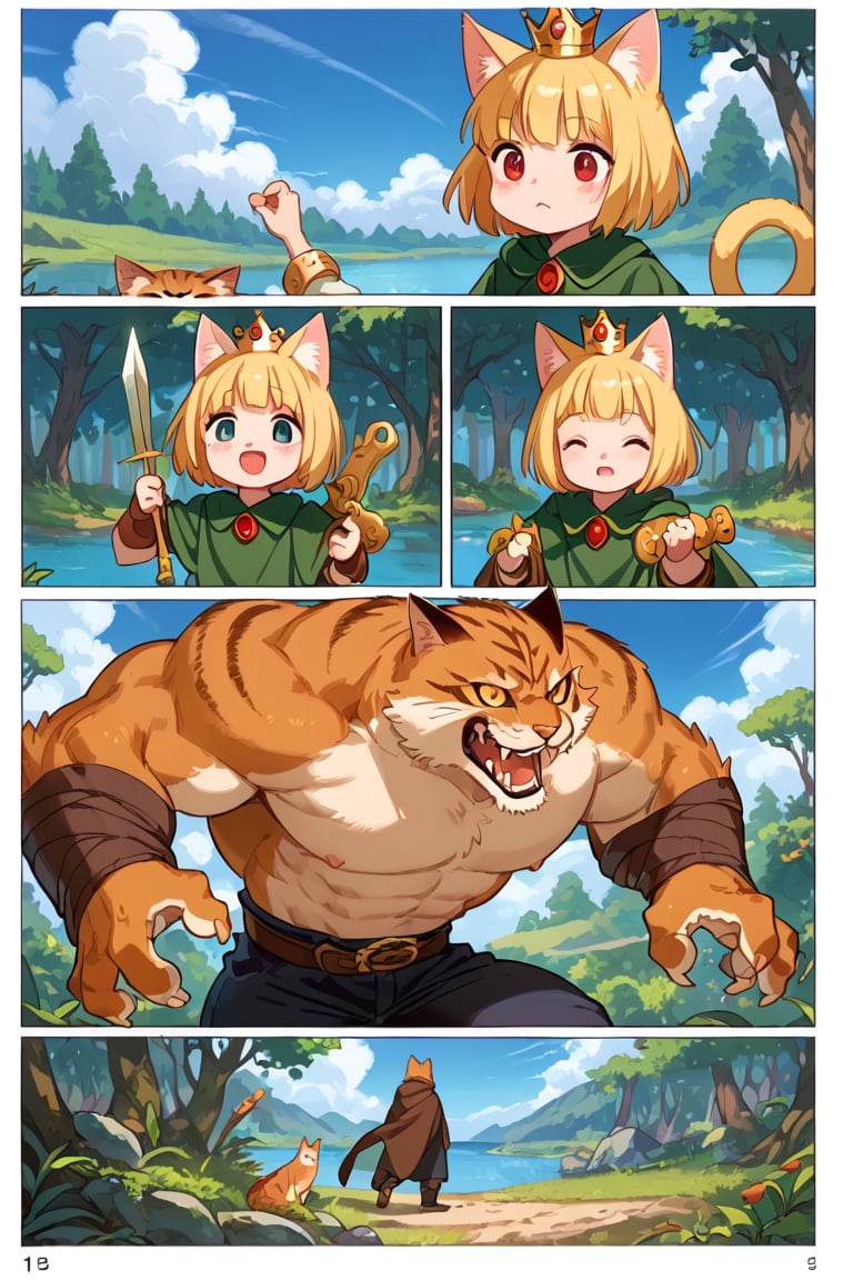 score_9, score_8_up, score_7_up, score_6_up, 

Muscular, cat girl, warrior,

strong,comic, ,comic_page,comic_page,comic ,comic_page,comic,

A muscle_mommy wearing a crown and a girl wearing a crown looking for the perfect monster,  beautiful peaceful woods
looking in the bushes, looking by the lake, finding a cute monster with lots of spikes, holding a pet rock