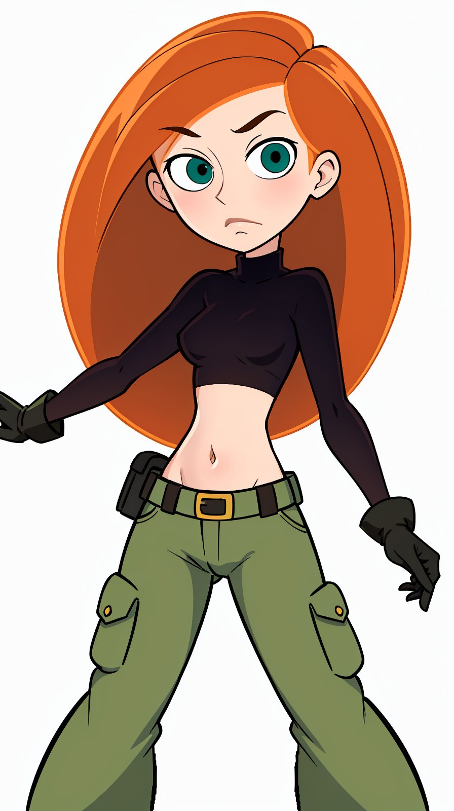 kim possible, long hair, black turtleneck, navel, gloves, cargo pants, utility belt, cowboy shot, white background