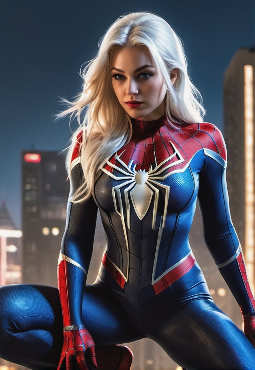 sexy (masterpiece, 4k resolution, ultra-realistic, very detailed), (white superhero theme, charismatic, there's a girl at the top of town, wearing spider-man costume, she's a superhero),   (25 years), (long white hair:1.2), full body, (blue eyes:1.2), ((spider-man pose),show of strength, jumping from one building to another), ((sandy urban environment):0.8)| (cityscape, at night, dynamic lights), (full moon))  # explanation: the prompt mainly describes a 4k painting of ultra-high definition, very realistic, very detailed. it shows a superheroine at the top of the city, wearing a spider-man costume. the theme in the painting is a white superhero theme, the female protagonist has long white hair, is 25 years old and her entire body is shown in the painting. in terms of portraying the actions of superheroines, spiders are employed big ass, masterpiece, best quality, (masterpiece), (best quality:1.4), (ultra highres:1.2), (hyperrealistic:1.4), (photorealistic:1.2)