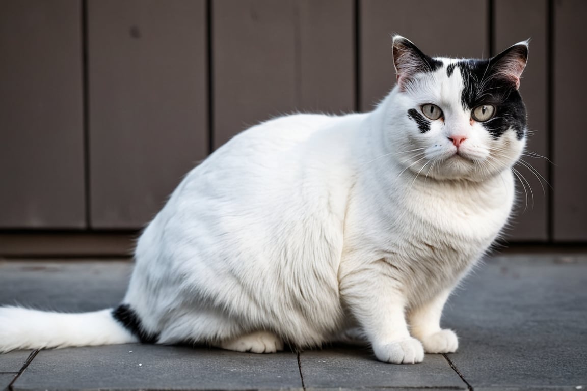 female fat cat, white, with a little black spots on head, white ears, black tail, show full body, 