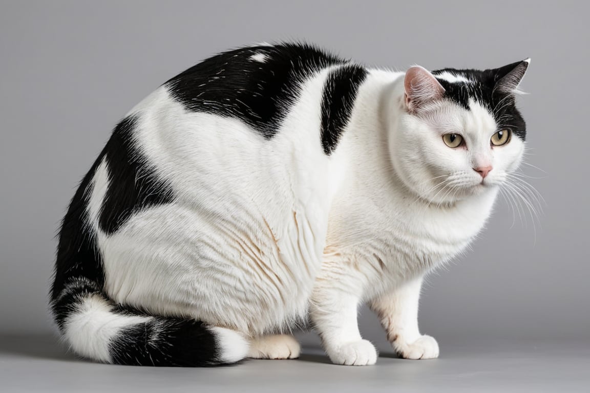 female fat cat, white, with a little black spots on head, white ears, black tail, show full body, 