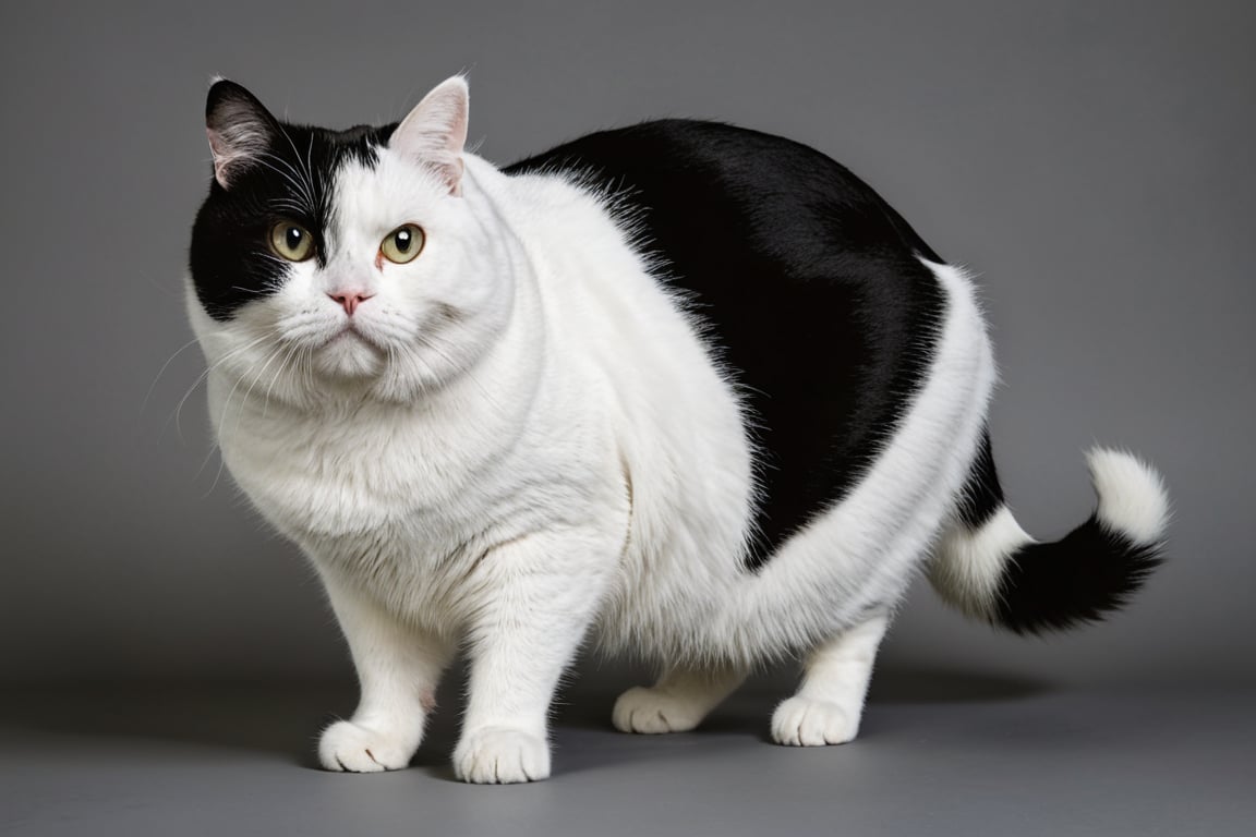 fat cat, white, with a little black spots on head and black tail, show full body, two black spots on back