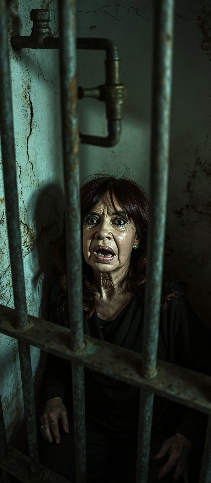 A highly realistic photo of a woman named Cristina Kirchner, inside an old, dilapidated prison cell. She is furious, on the verge of tears, her face filled with anger and frustration. Around her, several prison guards and other inmates are mocking her, laughing and pointing at her. The atmosphere is tense, with a sinister play of shadows across the cracked walls and rusted bars, creating a dark, eerie mood. The prison setting is grim, with broken fixtures, peeling paint, and an oppressive sense of decay., (Cristina Kirchner in prison).