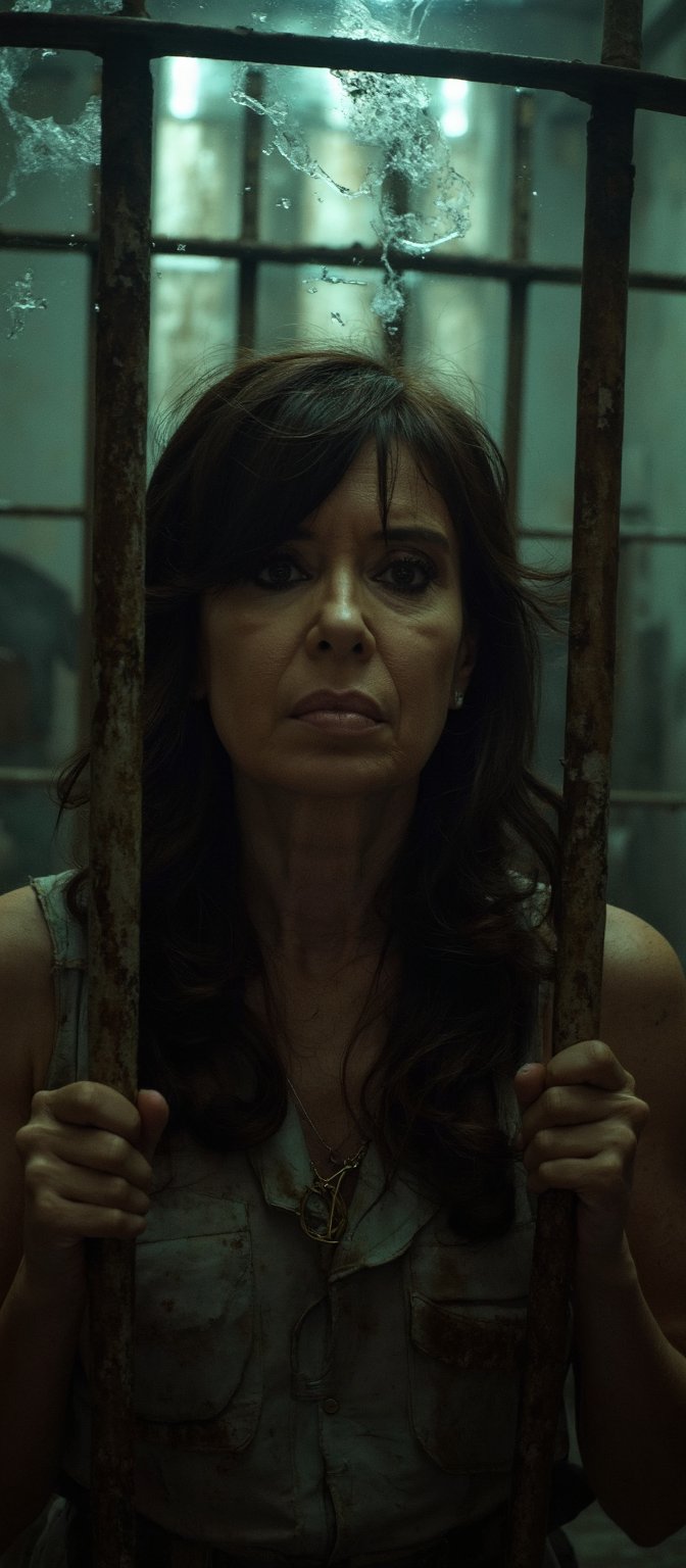 A highly realistic photo of a woman named Cristina Kirchner, inside an old, dilapidated prison cell. She is furious, on the verge of tears, her face filled with anger and frustration. Around her, several prison guards and other inmates are mocking her, laughing and pointing at her. The atmosphere is tense, with a sinister play of shadows across the cracked walls and rusted bars, creating a dark, eerie mood. The prison setting is grim, with broken fixtures, peeling paint, and an oppressive sense of decay.,Cristina Kirchner in prison.