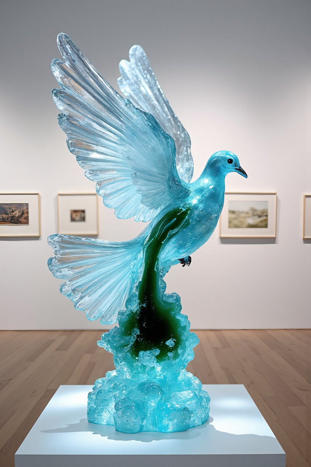 (masterpiece, high quality, 8K resolution). An abstract painting titled ‘Veil of Serenity.’ Central to the piece is a stunning crystal sculpture of a serene dove, emitting calming blue tones that symbolize peace. The crystal is intricately detailed, with facets that catch the light and shimmer softly. Inside, a dark green liquid swirls, contrasting with the crystal’s tranquil glow, representing hidden complexity. The minimalist background resembles an art exhibition, ensuring the sculpture remains the focal point. The lighting is gentle yet focused, highlighting the crystal’s delicate features and the mysterious liquid within, creating a harmonious visual experience.  