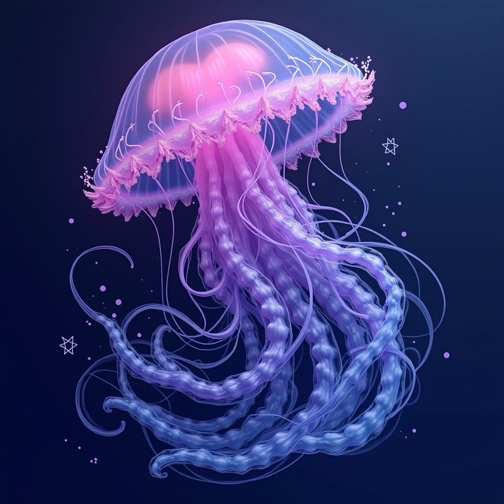 Purple, feminism, An elegant jellyfish intertwined with a wave in motion, the tentacles of the jellyfish merging seamlessly into the flowing curves of a stylized wave. The jellyfish symbolizes resilience and protection, while the wave represents the power of nature and renewal. The color palette features a blend of deep blue for the ocean and vibrant purple to signify the fight against sexual violence. The design evokes fluidity, healing, and the gentle yet unstoppable strength of natural elements. Ultra-detailed, vibrant, dynamic composition.