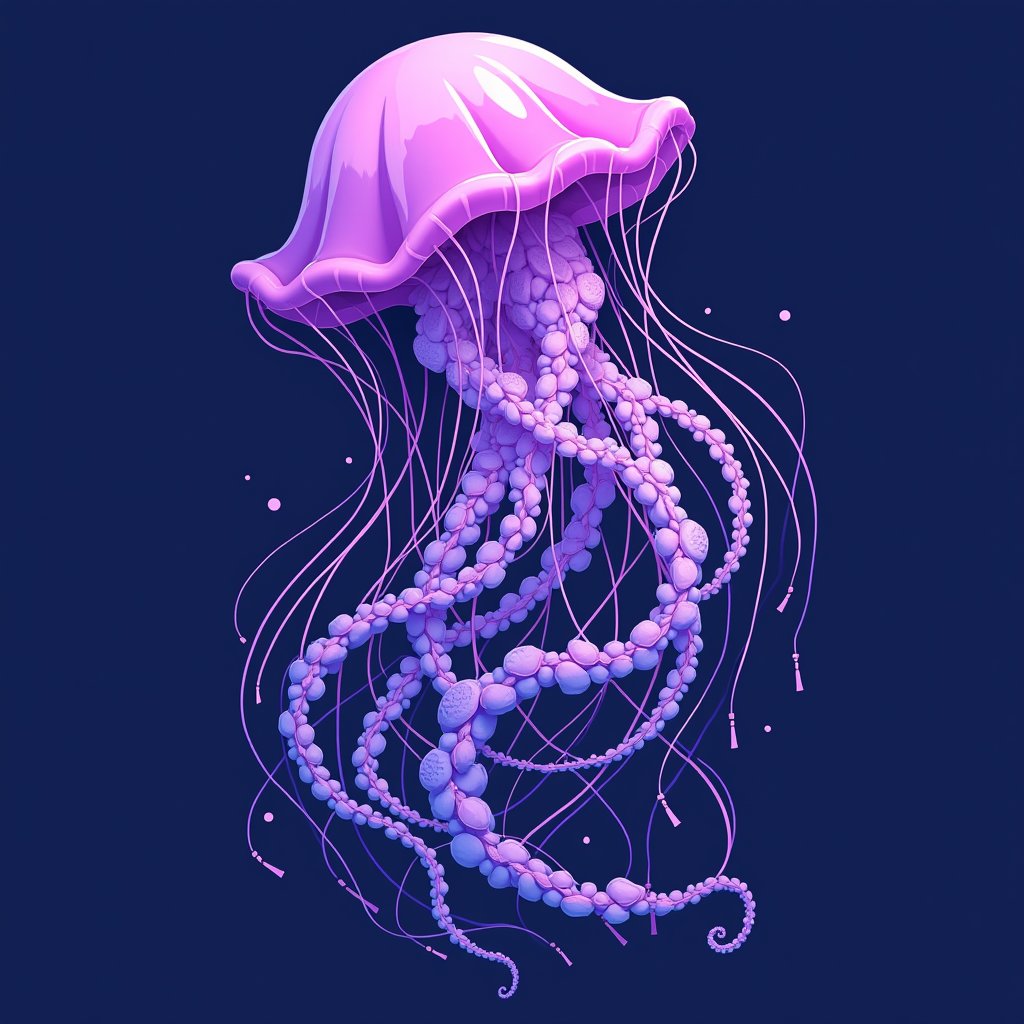 Purple, feminism, An elegant jellyfish intertwined with a wave in motion, the tentacles of the jellyfish merging seamlessly into the flowing curves of a stylized wave. The jellyfish symbolizes resilience and protection, while the wave represents the power of nature and renewal. The color palette features a blend of deep blue for the ocean and vibrant purple to signify the fight against sexual violence. The design evokes fluidity, healing, and the gentle yet unstoppable strength of natural elements. Ultra-detailed, vibrant, dynamic composition.