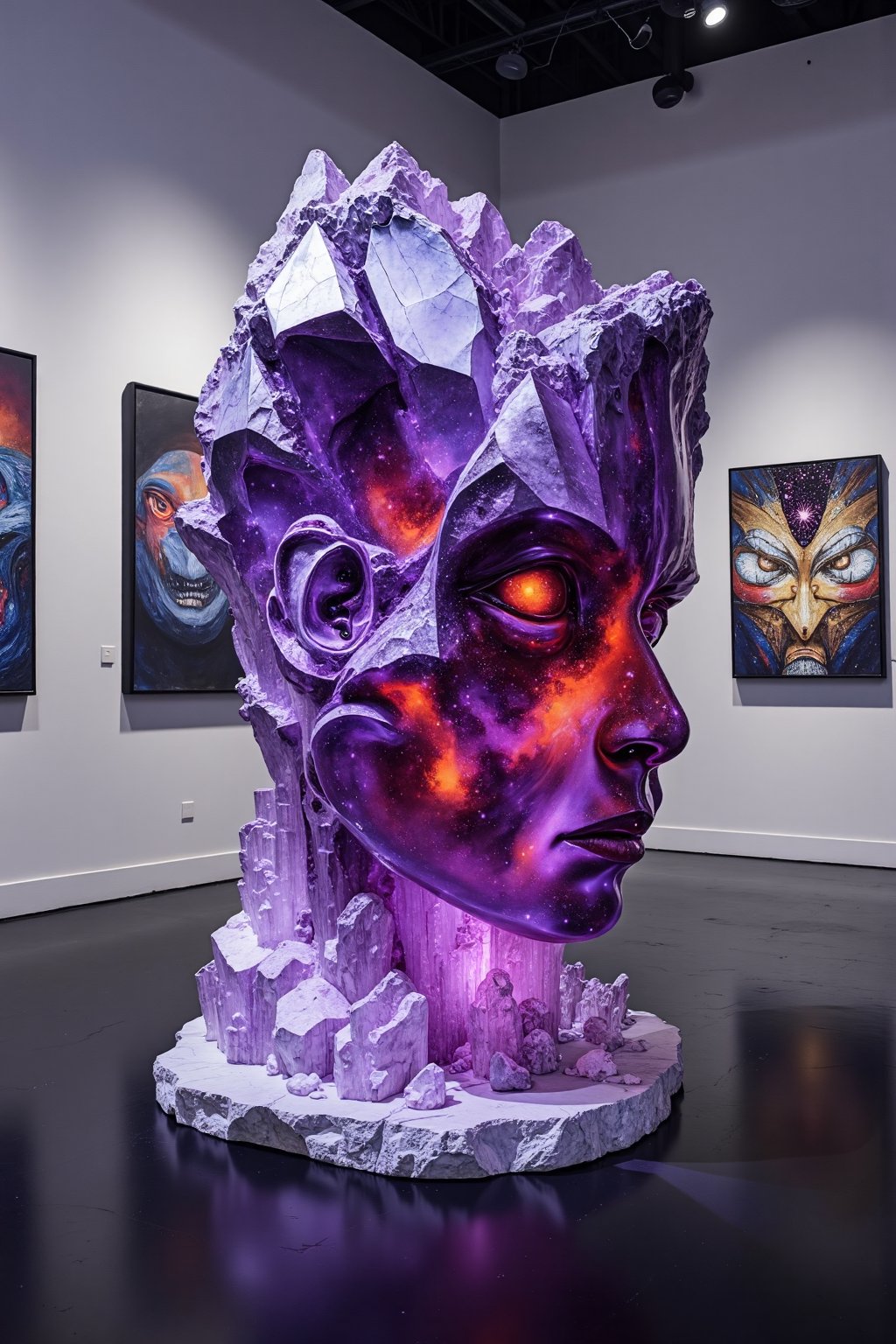 (masterpiece, high quality, 8K resolution). An abstract painting titled ‘Whispers of the Abyss.’ Central to the artwork is a striking crystal sculpture of a mysterious mask, emitting deep purple tones that symbolize enigma and depth. The crystal is intricately detailed, with facets that catch the light and gleam with a haunting allure. Inside, a dark red liquid swirls, contrasting with the crystal’s somber glow, representing hidden danger. The minimalist background resembles an art exhibition, ensuring the sculpture remains the focal point. The lighting is moody and focused, highlighting the crystal’s intricate features and the sinister liquid within, creating a captivating visual experience.  