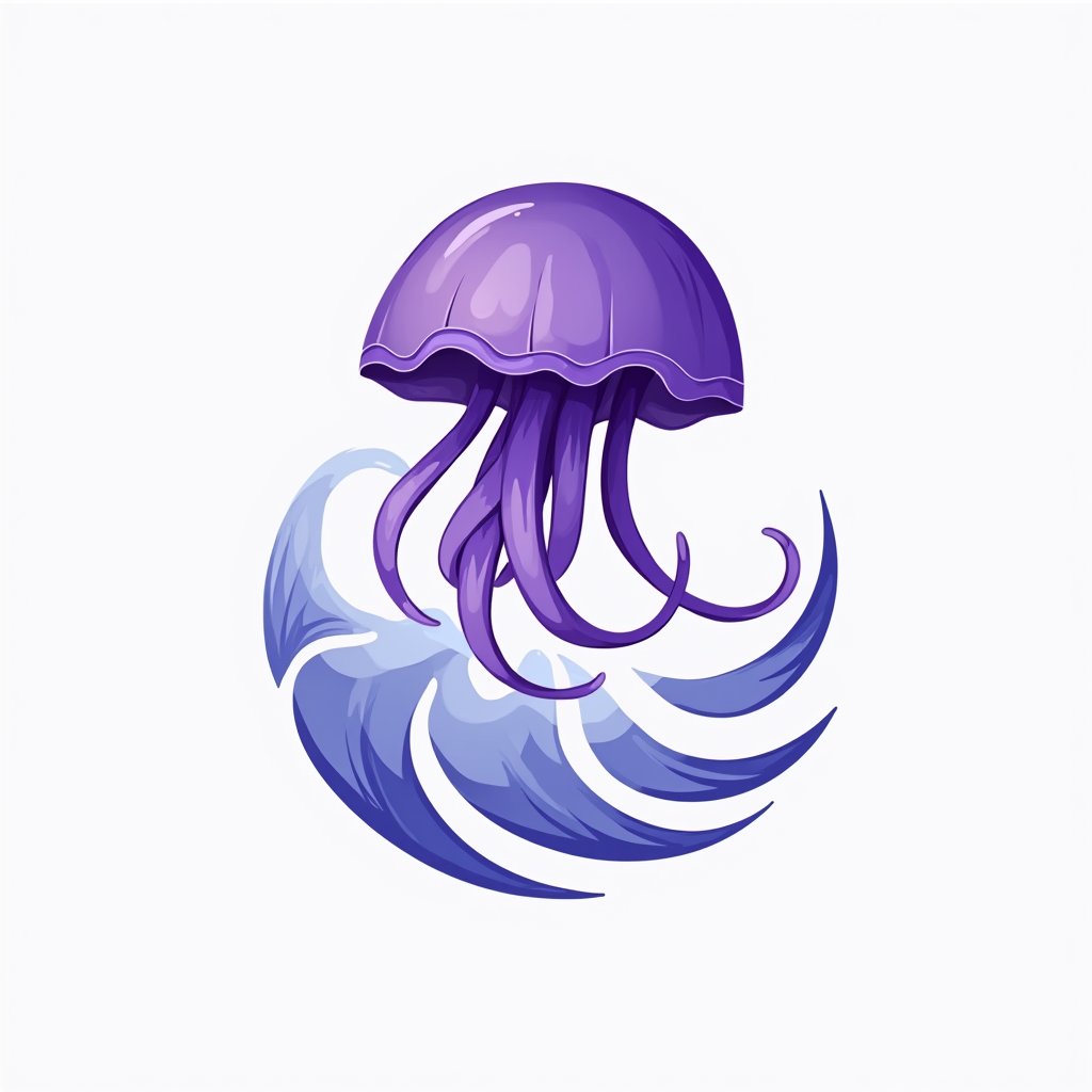 Purple, feminism, The logo could depict an elegant jellyfish intertwined with a wave in motion. The jellyfish, symbolizing resilience and protection, would have its tentacles merging into the flowing curves of a stylized wave, representing both the power of nature and renewal. The color palette could feature a blend of deep blue for the ocean and purple to signify the fight against sexual violence. This design would evoke fluidity, healing, and the gentle yet unstoppable strength of natural elements.