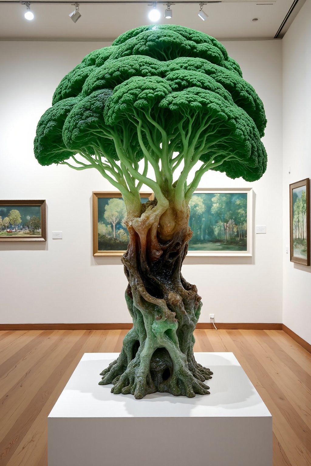 (masterpiece, high quality, 8K resolution). An abstract painting titled ‘Echoes of Nature.’ At the center stands a breathtaking crystal sculpture of a majestic tree, glowing with rich green hues that symbolize life and growth. The crystal's facets are intricately designed, capturing light and casting natural reflections. Within the sculpture, a dark brown liquid swirls, contrasting with the vibrant green, representing hidden decay. The minimalist background resembles an art exhibition, drawing full attention to the sculpture. The lighting is natural and focused, emphasizing the crystal’s intricate details and the enigmatic liquid inside, creating a profound visual impact.  